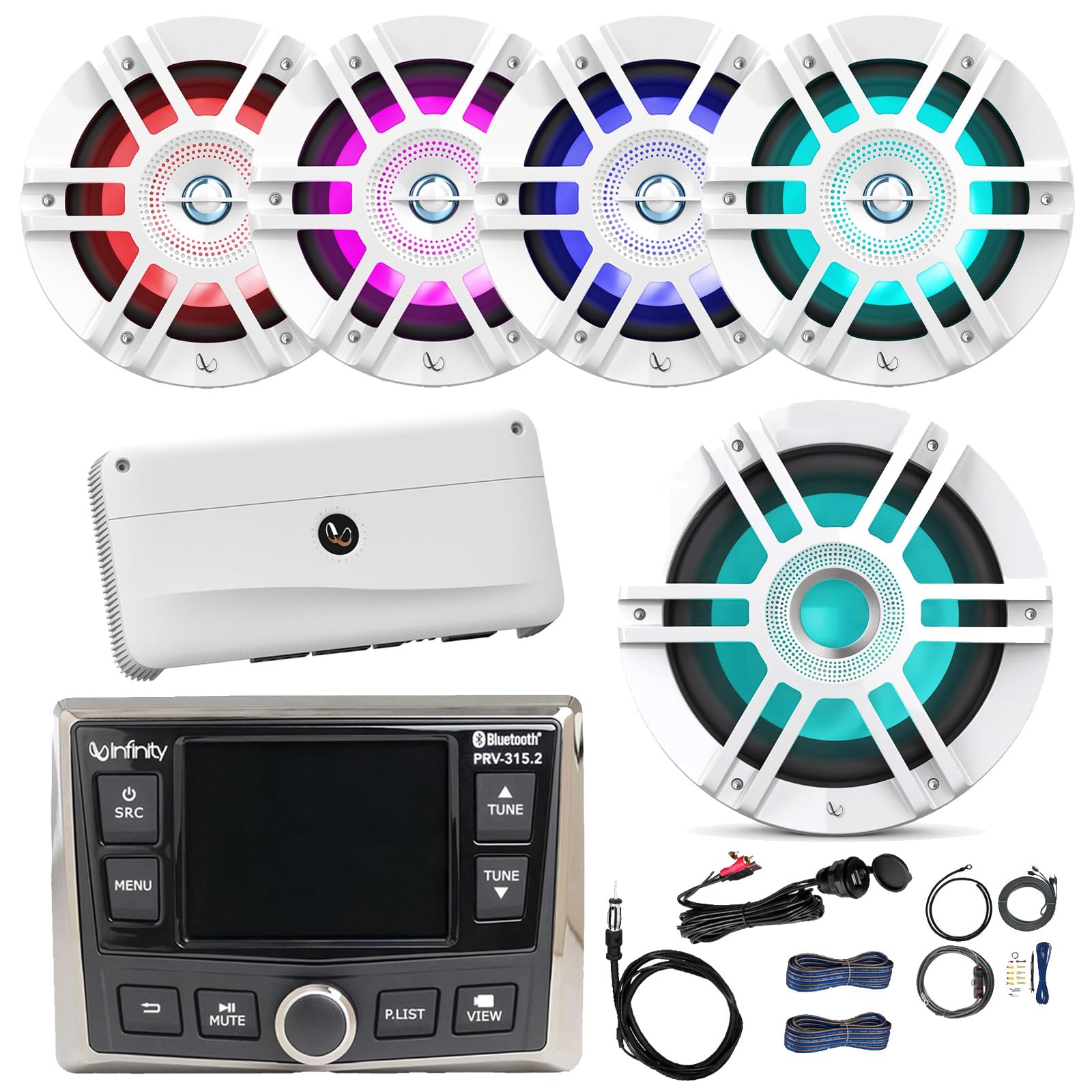 Milennia Infinity AM/FM/WB Tuner AUX USB Bluetooth Marine Digital Media Receiver, 4X 6.5 2-Way 225W Boat Speakers (White), 10" LED Subwoofer, 5-