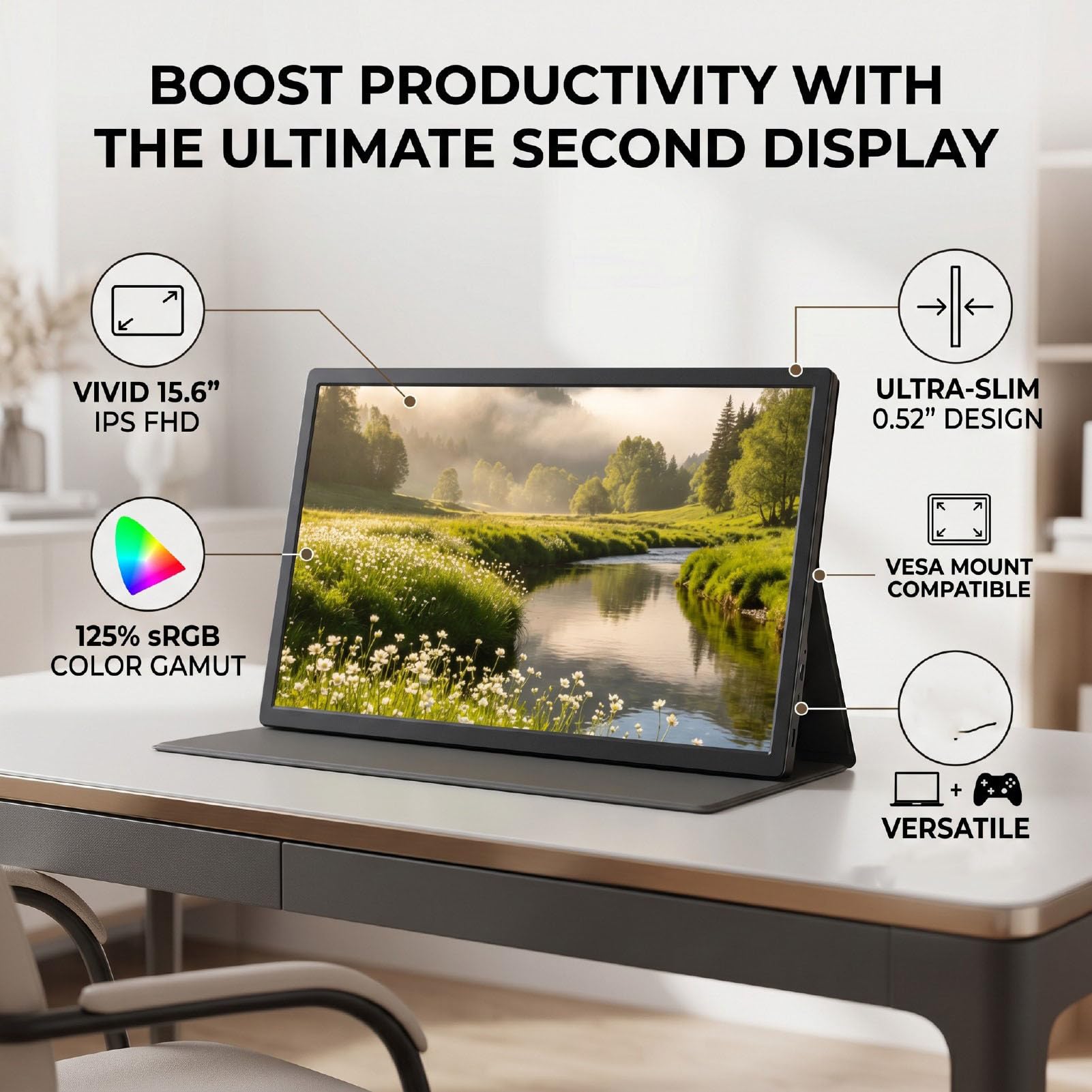 XUMIUZIY Monitor Portatile da 15,6 Pollici, Secondo Schermo Esterno FHD USB C con Supporto Regolabile Altoparlanti Montabili VESA, per Laptop Desktop Switch Gaming Travel