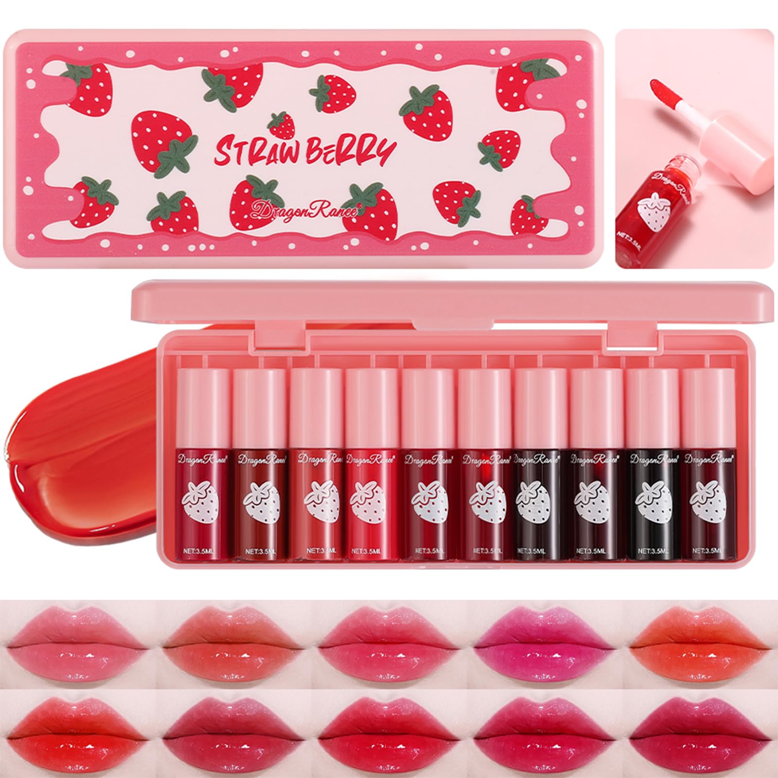 Set mit 10 Lippenstiften mit glänzenden und matten Lippenstiften, mit Mini-Glanz, lang anhaltend und schnell trocknend, ideal als Geschenk für Make-up (Erdbeere, Lipgloss).