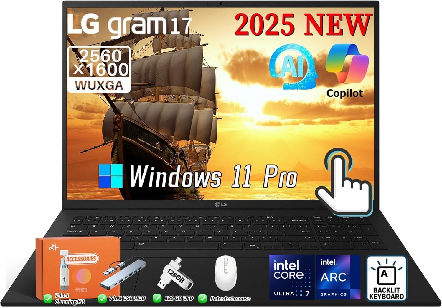 Gram 17 2025 Touchscreen Laptop Copilot + PC, Intel Ultra 7 Series 2 258V(Up to 4.8GHz), 17" WQXGA Display, 32 GB LPDDR5X RAM, 8 TB SSD, Intel Arc Graphics, Wi-Fi 7, Windows 11 Pro, w/Accessories