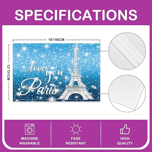 Miniatura 4 de Erosebridal Juego de 4 manteles individuales románticos de la Torre Eiffel para niñas, color azul, negro y blanco, manteles individuales de París de