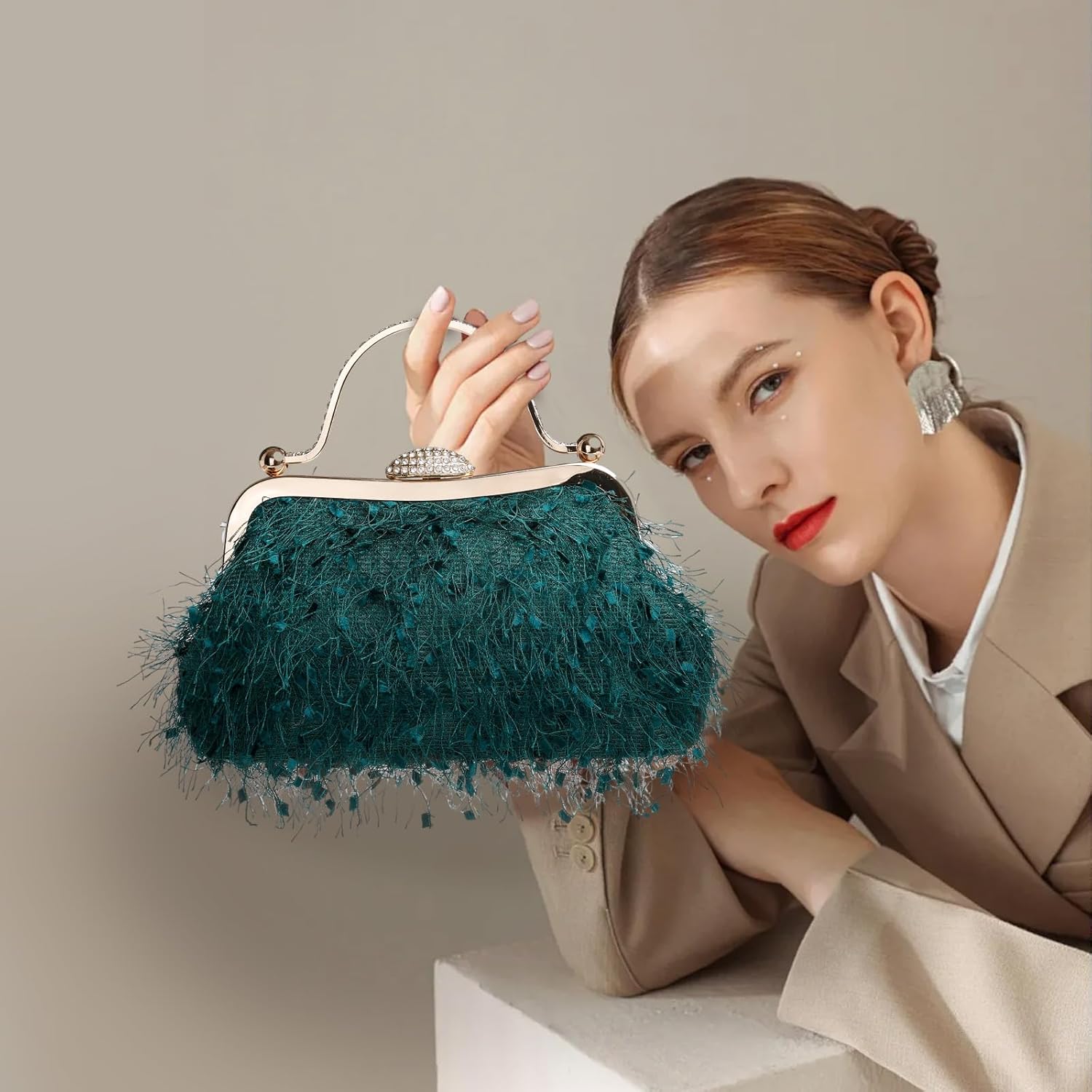 Tassel Women's Evening Handbag Cocktail Prom Formal Clutch Purse Feather Elegant Shoulder Bag for Wedding Banquet - Image 2