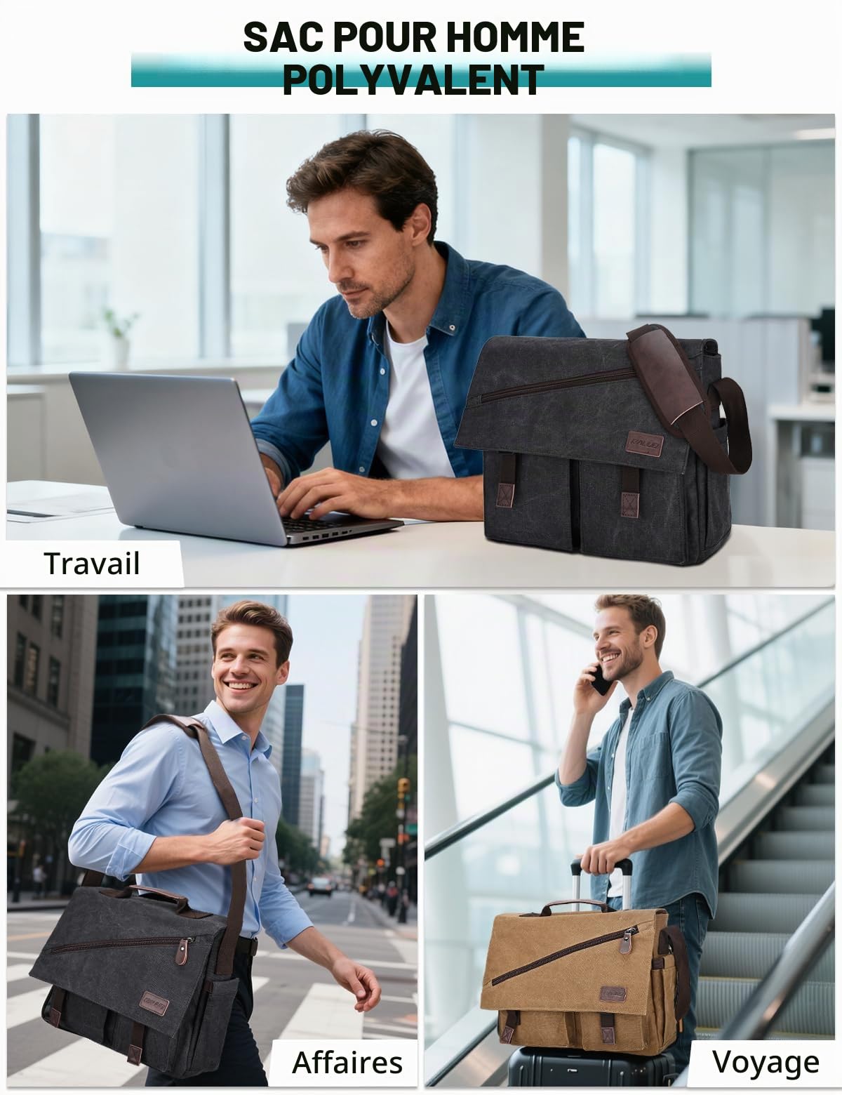 RAVUO Sac Bandoulière Homme,Résistant À L'eau Sacoche Pc Portable 14 Pouces Sac A Main Homme En Toile Pour Travail Business L'École Collège