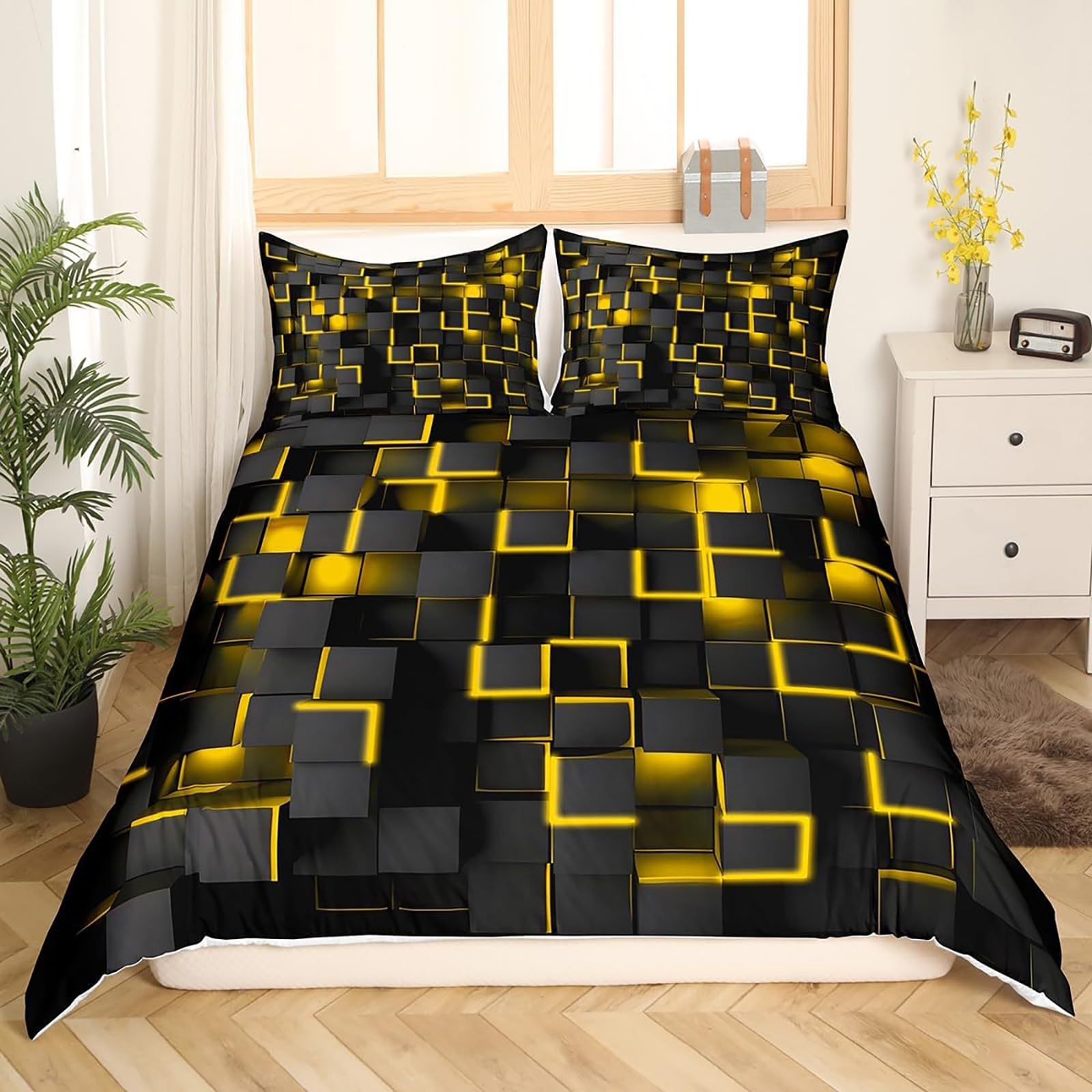 Tabeskly Boy Kids Geometry Square Lattice Bedding Double Duvet Cover Sets Bed Zipper Yellow Black 200×200cm