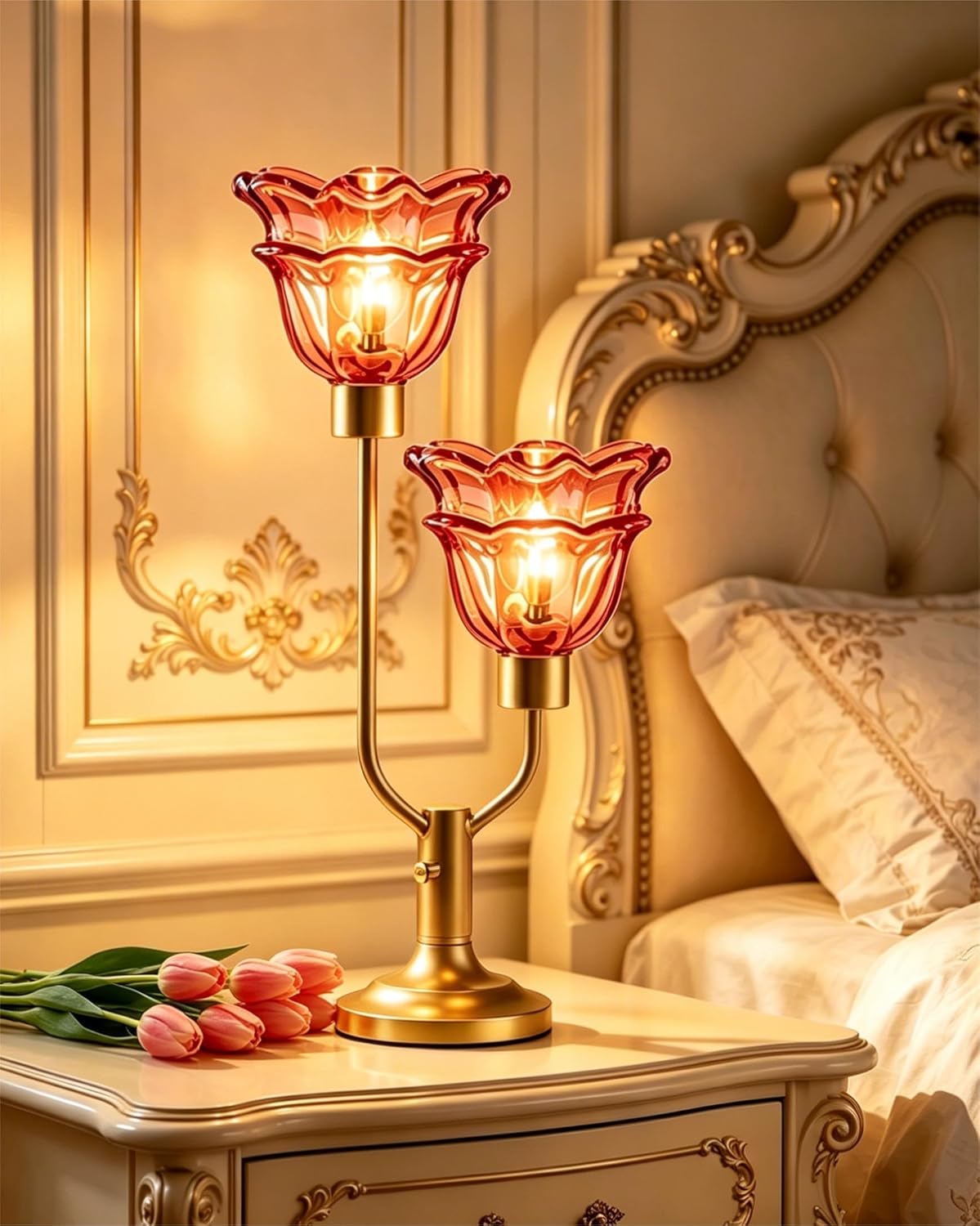 Lightdot Mid Century Modern Flower Glass Table Lamp Gold Dimmable Red Desk Lamps 2 Bulbs Included 3000K Warmwhite Bedside Nightstand Ambiance Lamp for Living Room Bedroom
