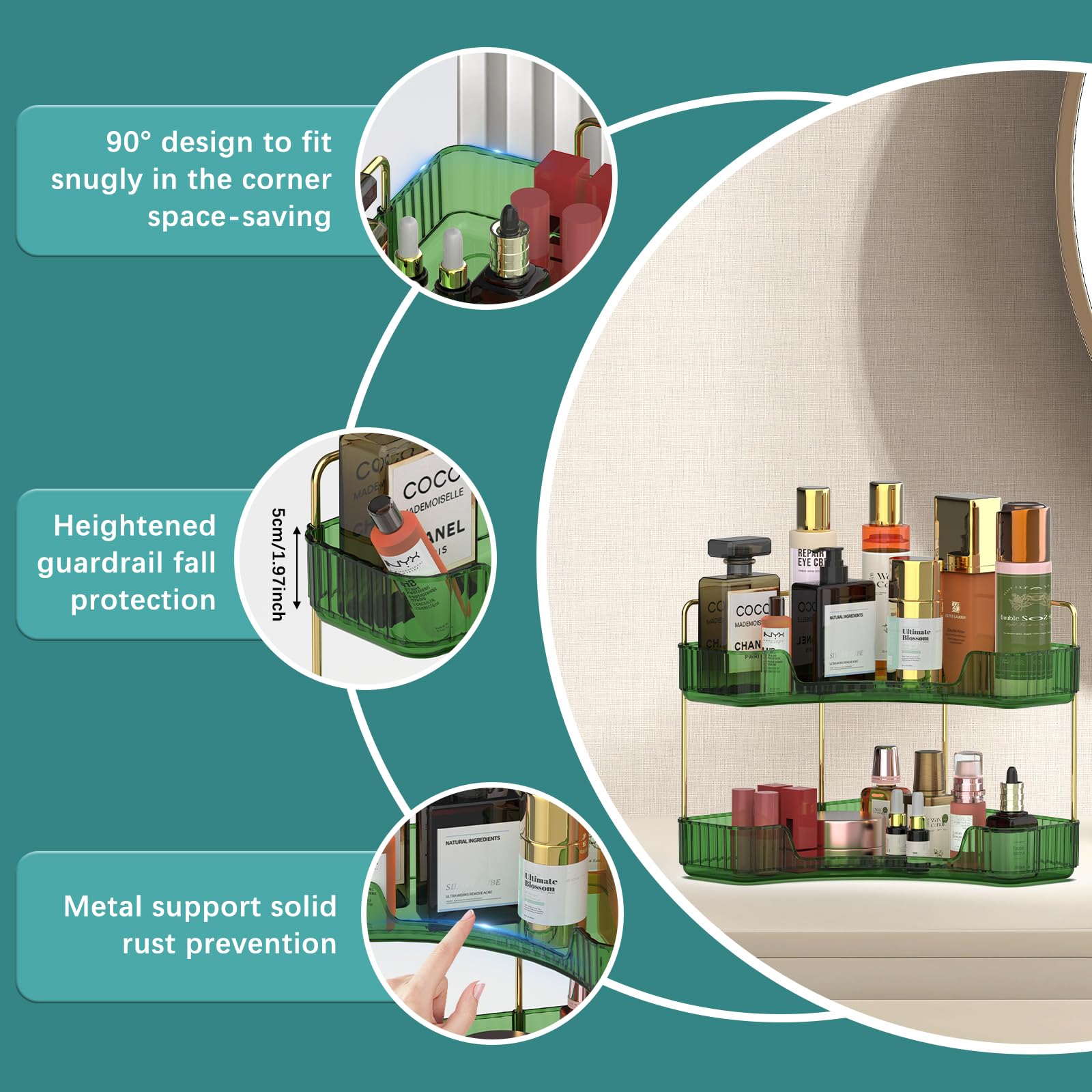 Organizzatore Trucco 2 Strati - Portaprofumi E Cosmetici Ad Angolo Verde - Foto 2