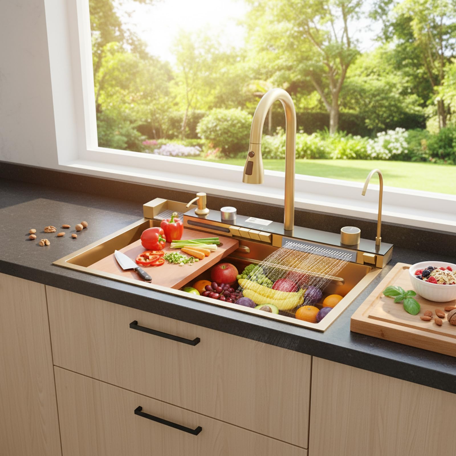 Fregadero de cocina, 75 x 46 x 22 cm, acero inoxidable, con grifo para cocina | Fregadero dorado con dispensador de jabón extensible, cascada, aspersor, función lluvia, escurridor, sifón para el hogar