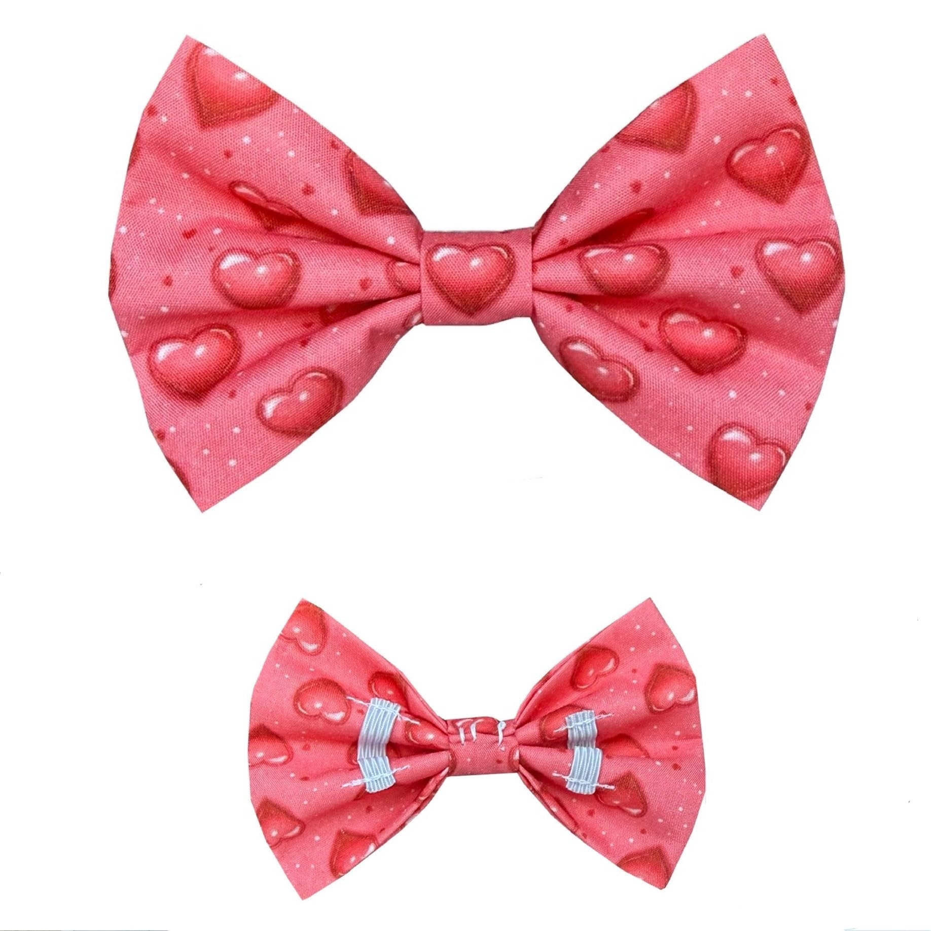 New Dogs Bow Tie Valentine's Day heart pink red coral LOVE Elastic Band attach COLLAR ACCESSORY Handmade UK (Medium coral heart)