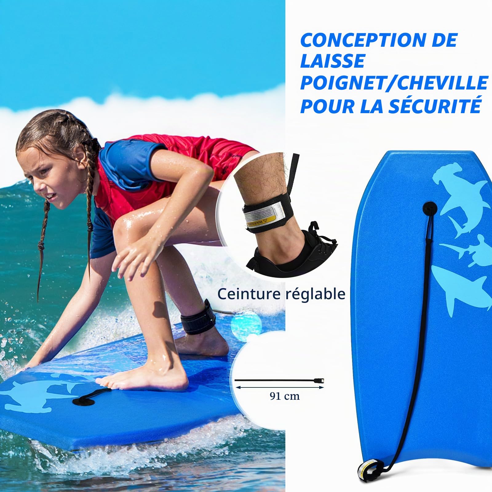 HOMASIS Planche de Surf antidérapante en XPE et polyéthylène Haute densité avec imprimé Requin - Planche de Surf Portable pour Enfants et Adultes