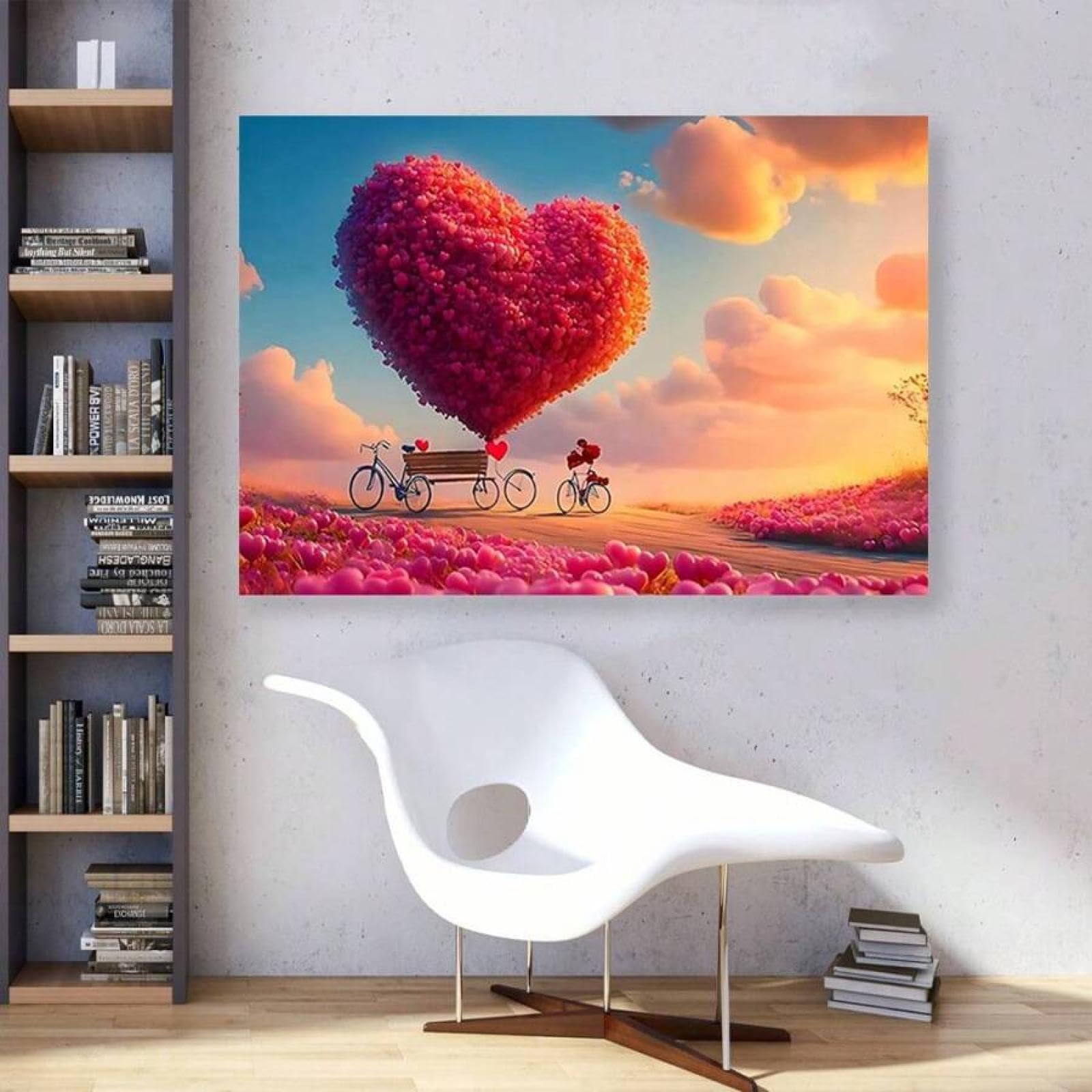 TONGYINLI Plakat na płótnie serce balon i kwiaty czerwone róże rower walentynki druki ścienne do sypialni 60 x 90 cm bez ramki