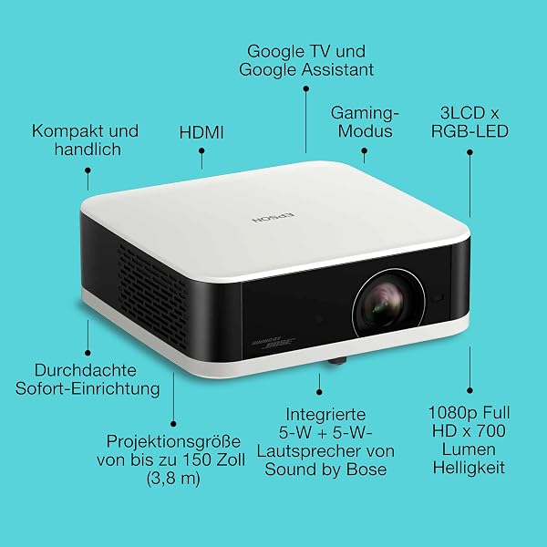 Epson Lifestudio Pop EF-61W DiamantweiĂ, tragbarer Smart-Projektor, Sound by Bose, Google TV, Full HD, Verwendung im Innen- und AuĂenbereich, 5 Jahre GerĂ€teschutz* - 2