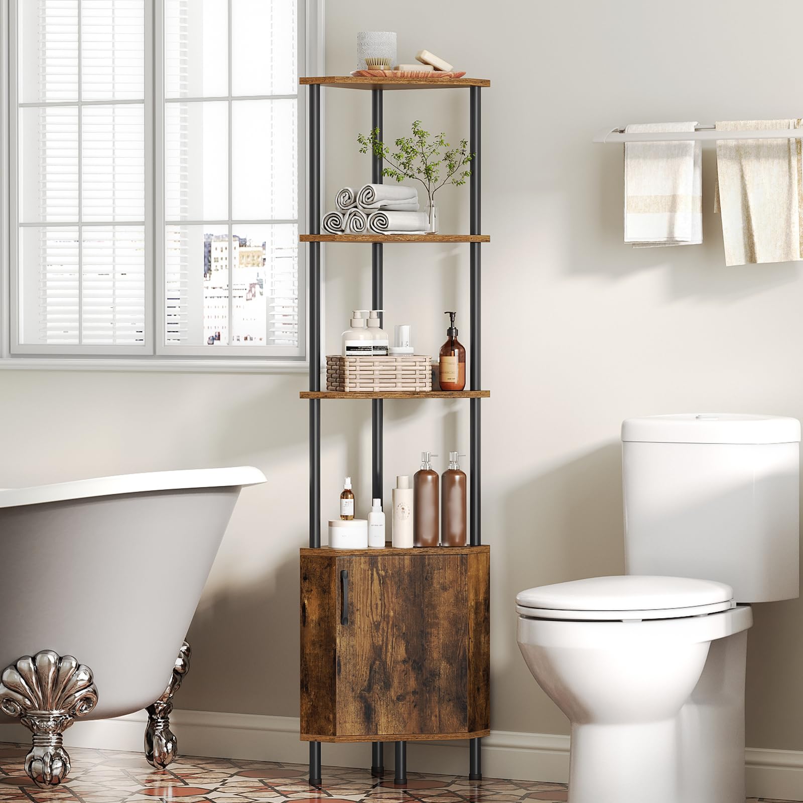 HOOBRO Libreria Verticale Angolare con LED e Mobile Contenitore, Scaffale Industriale da Esposizione, Pannelli a Motivo Diamante, per Soggiorno, Studio, Camera, Marrone Vintage e Nero EBF147DCJ01