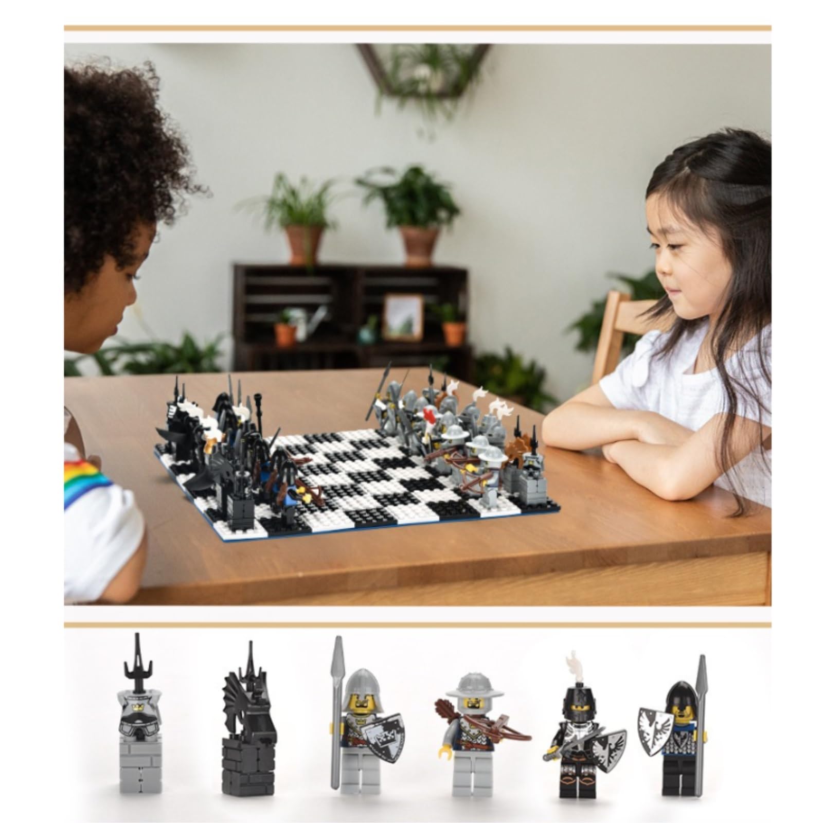 Gioco di scacchi fai da te con mattoncini, Cavaliere d'oro contro Cavaliere scheletro, classico gioco educativo for le capacità cognitive scacchiera portatile(01)