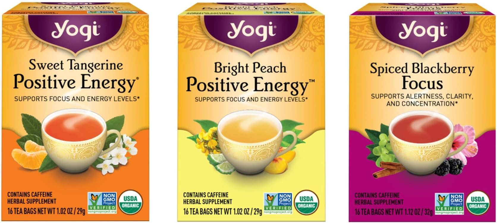Tea - Morning Energy Variety Pack (3 Pack) Includes Bright Peach Bergamot Day, Rich & Robust Morning Vitality, Spiced Blackberry Focus - 48 Organic Tea Bags