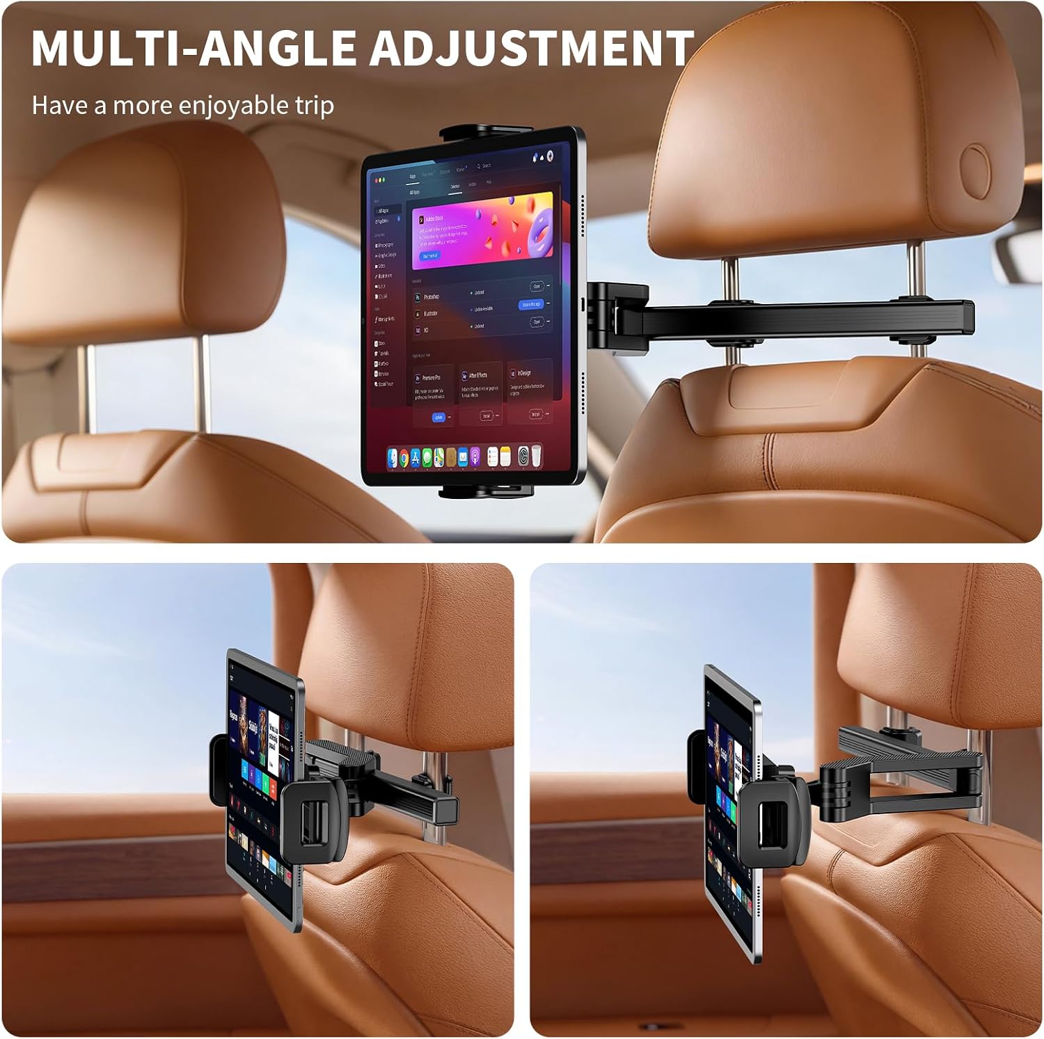 Car Headrest Tablet Holder Car Backseat Tablet Mount, Car Accessories,for iPad Pro, Air, Mini, Fire HD, 4.7-13" Tablets [Damping Positioning] [Thick Case Friendly] [Multi Position Interaction]