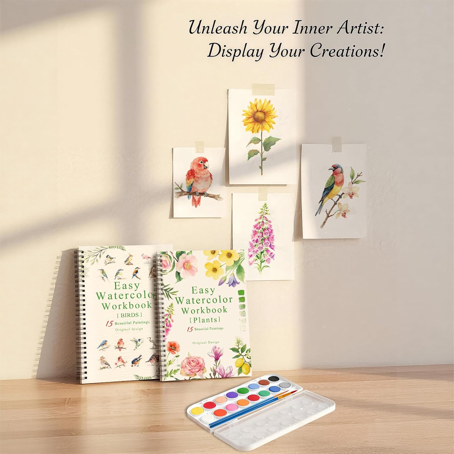 SLWBZ Watercolor Workbooks Set, 2 Books Different Themes Exquisite Workbook with Detailed Steps, 16 Colors of Palette and 2 Wooden Soft Brushes，Beginner-Friendly Watercolor Workbooks, Plants&Birds