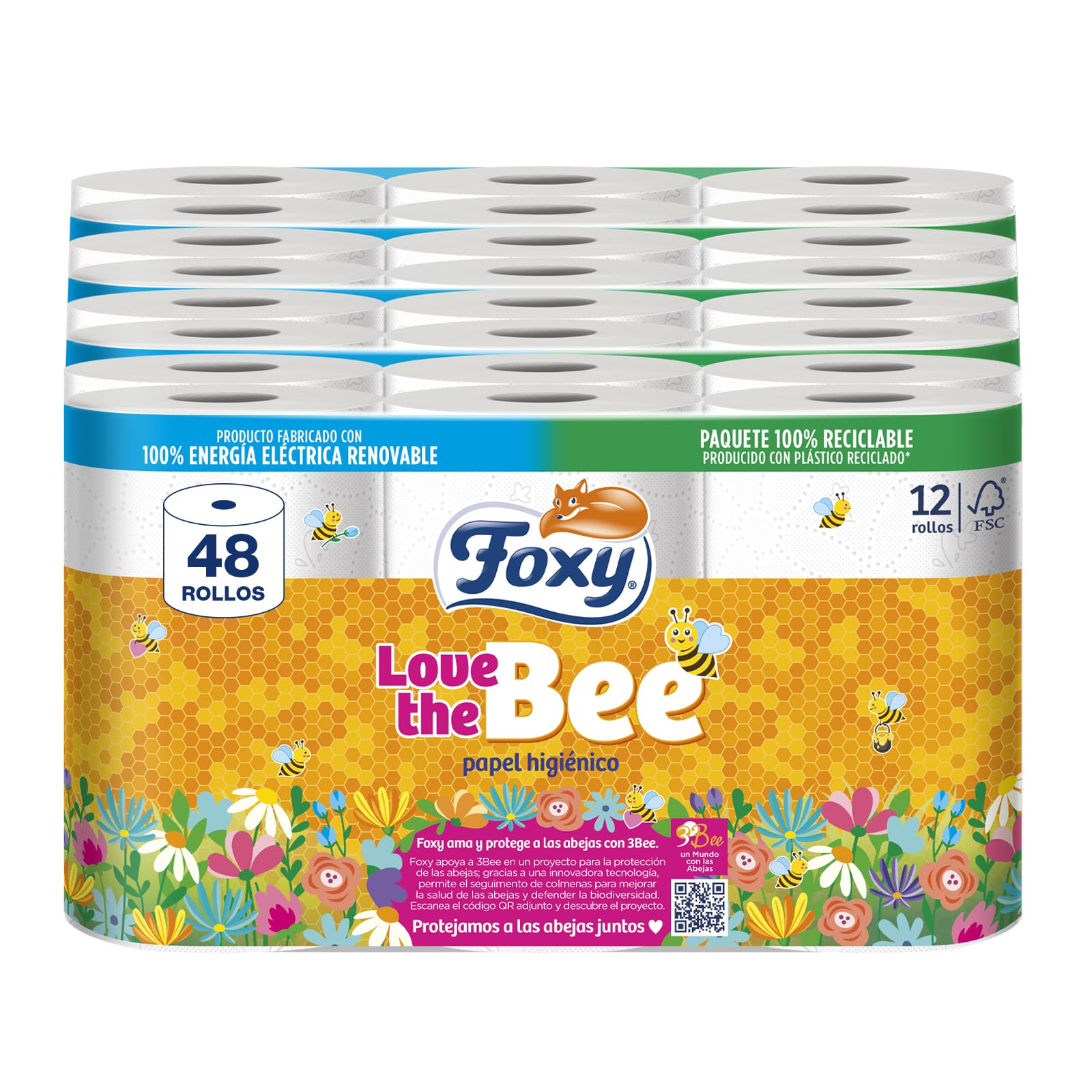 Foxy Love the Bee | 3 capas |Papel higiénico 48 rollos | 167 servicios por cada rollo | Certificación FSC | 100% Energía eléctrica renovable | Paquete reciclable producido con plástico reciclado