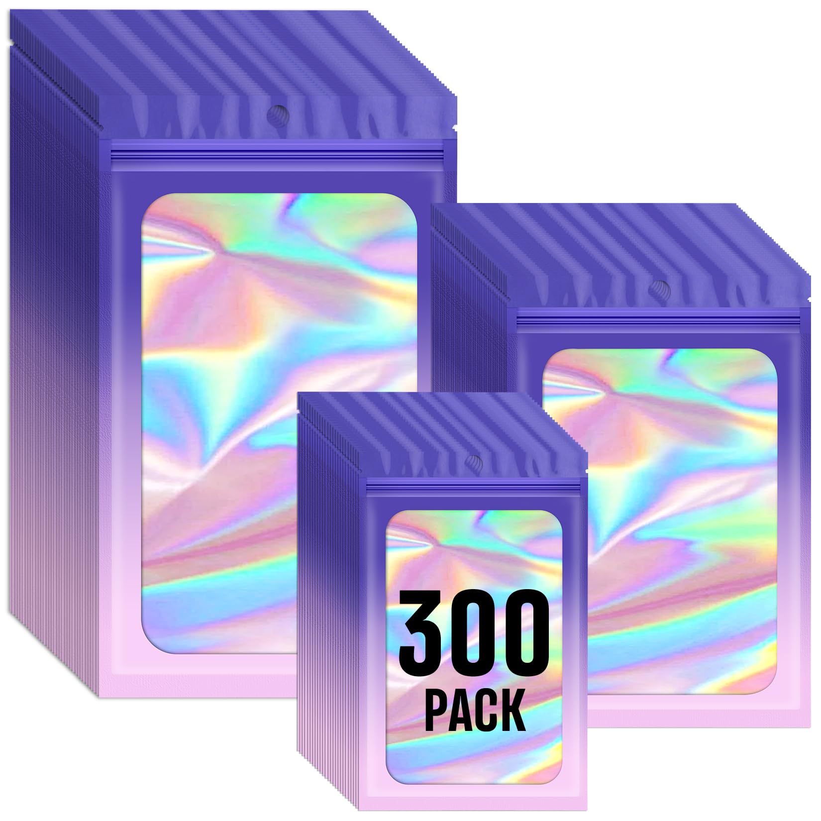 Funfery 300 Pack 3 Size Mylar Holographic Bags with Clear Window,Resealable Bag Smell Proof Foil Baggies Packaging Pouch for Food Storage,Sample,Small