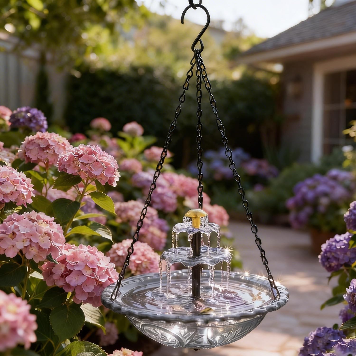 Ground-Mounted&Hanging solar-powered bird bath,2026New three-tiered bird bath with recirculating water design, suitable for gardens and backyards,attracts birds. (Gray hanging style)