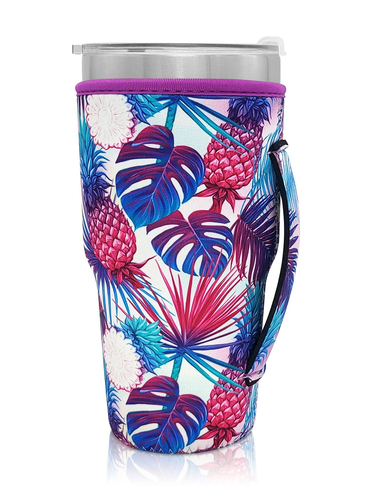 Reusable Iced Coffee Cup Sleeve Neoprene Insulated Sleeves Cup Holder with handle Idea for 30oz - 32oz Tumbler Cups, protein shake bottles(Only Cup Sleeves)(Pineapple)