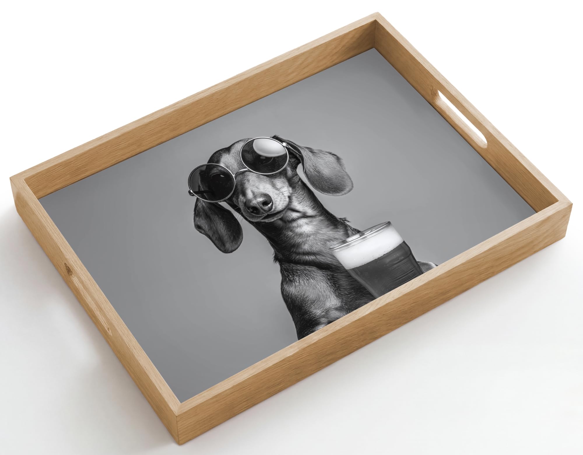 Holztablett Rechteckig 50x35 cm Küchentablett Servier Tablett Eiche Serviertablett Holz Servierplatte Mit Henkel Tray Kaffeetablett Dackel - Bier - Gläser