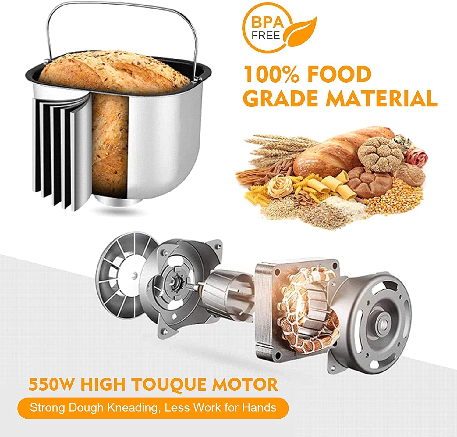 AUMATE Bread Maker showing 550W motor and BPA-free material