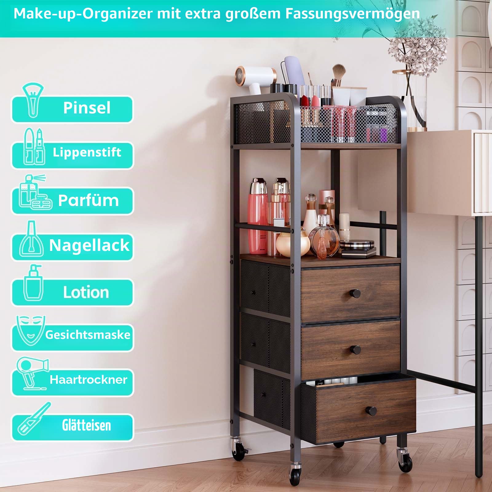 Kosmetik Rollwagen mit 3 Schubladen - Hautpflege Organizer für Kosmetikstudio, Parfüm, Nagellackbürste