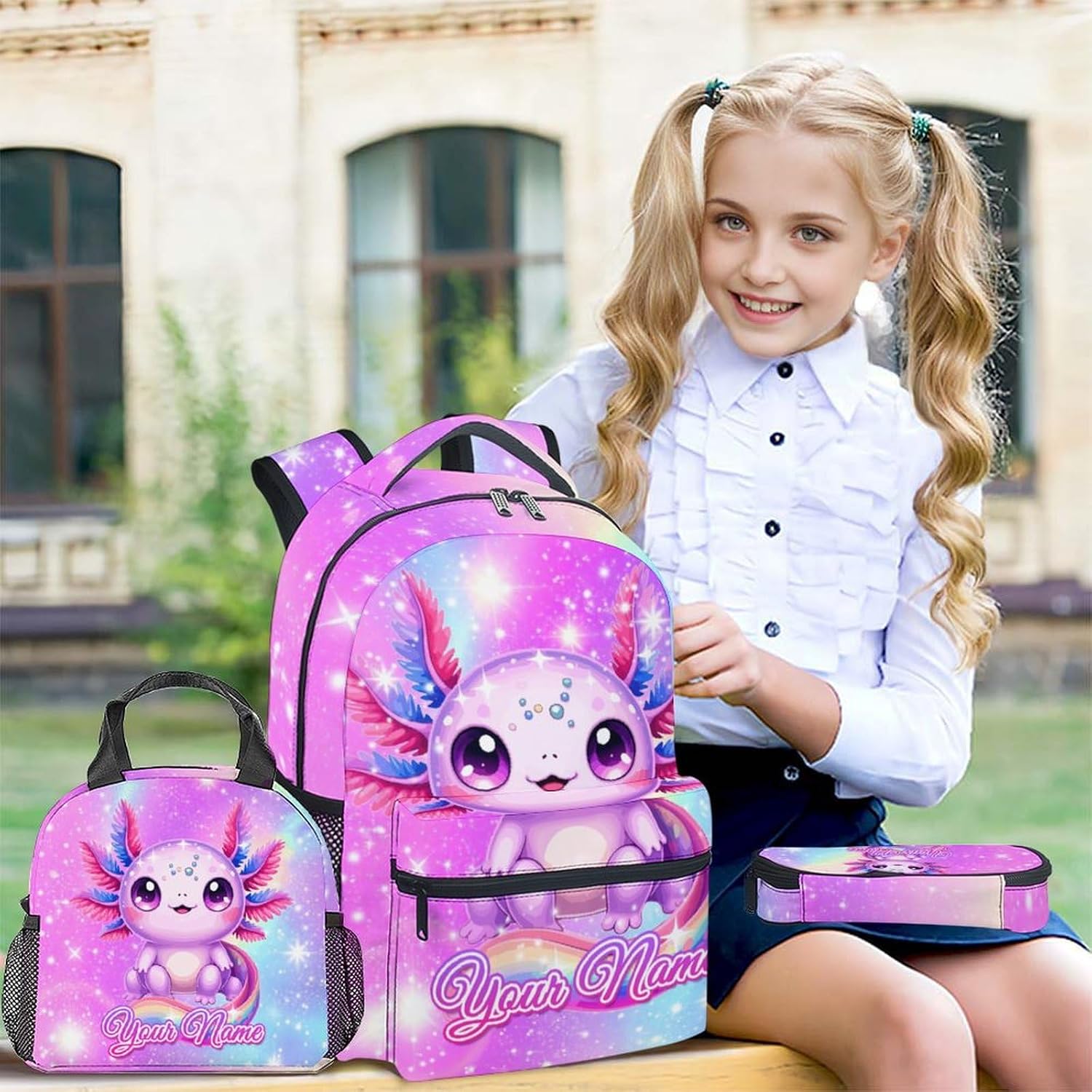 Personalized Girls Backpack with Lunch Box - 3PCS Axolotl Backpacks Matching Combo for Elementary - Animals Lightweight Bookbag and Pencil Case Bundle