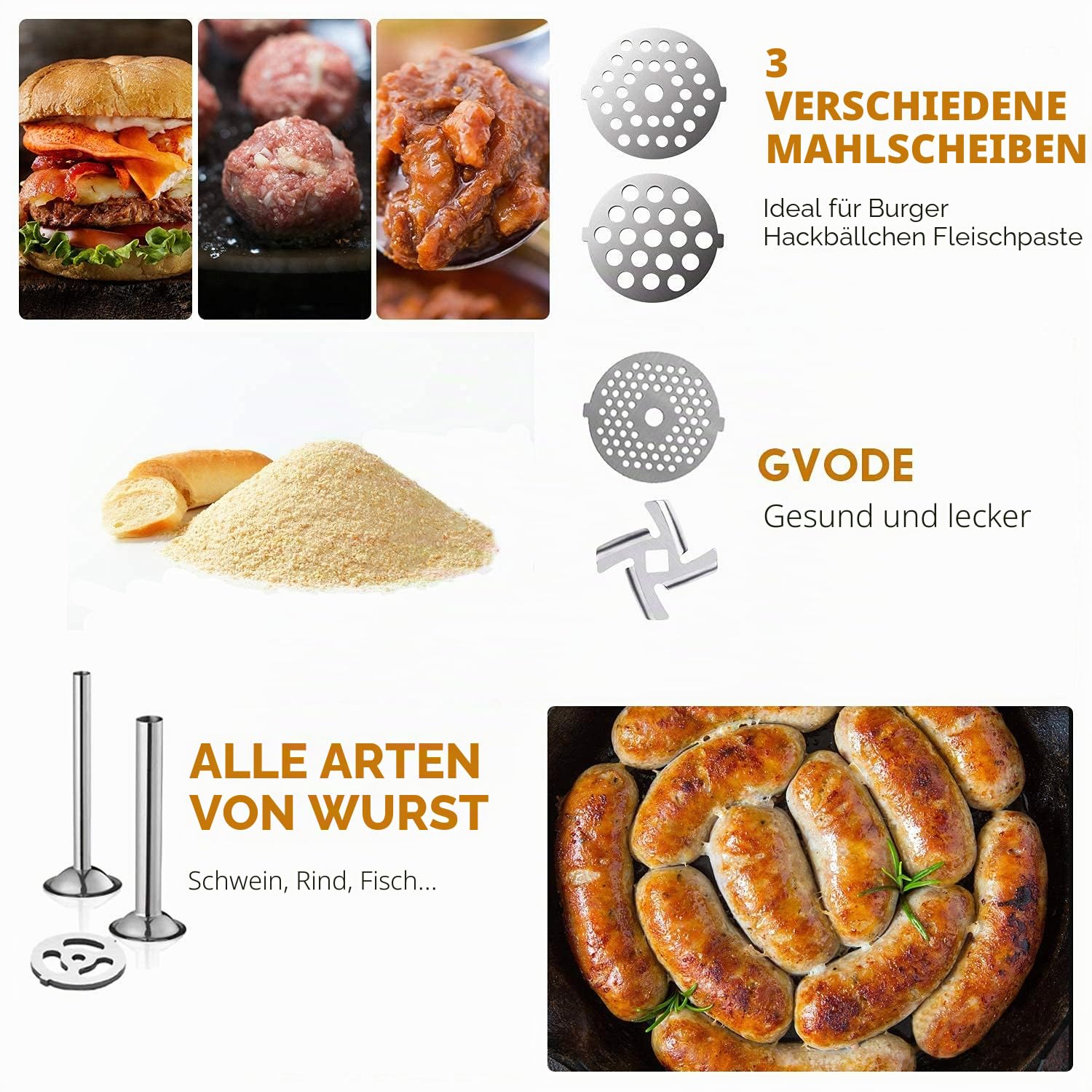 GVODE Edelstahl-Fleischwolf-Aufsatz für KitchenAid Zubehör, Hohe Qualität – Edelstahl-Fleischwolf für KitchenAid-Metal Food Grinder Attachment for Kitchen Aid Stand Mixer