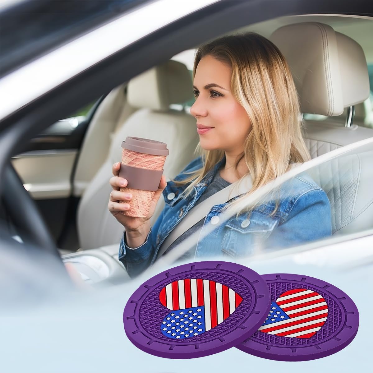 AUCELI 2PCS American Flag Car Cup Holder Coasters, Purple image 4