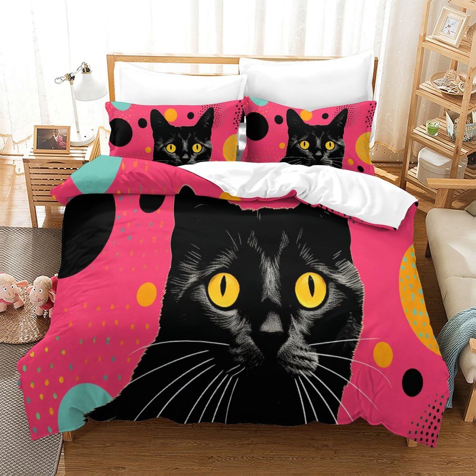 P1S9U7W5Y Colourful Dot 3D Printed Black Cat Duvet Cover Set 3pcs Microfiber Cat Bedding Set Double
