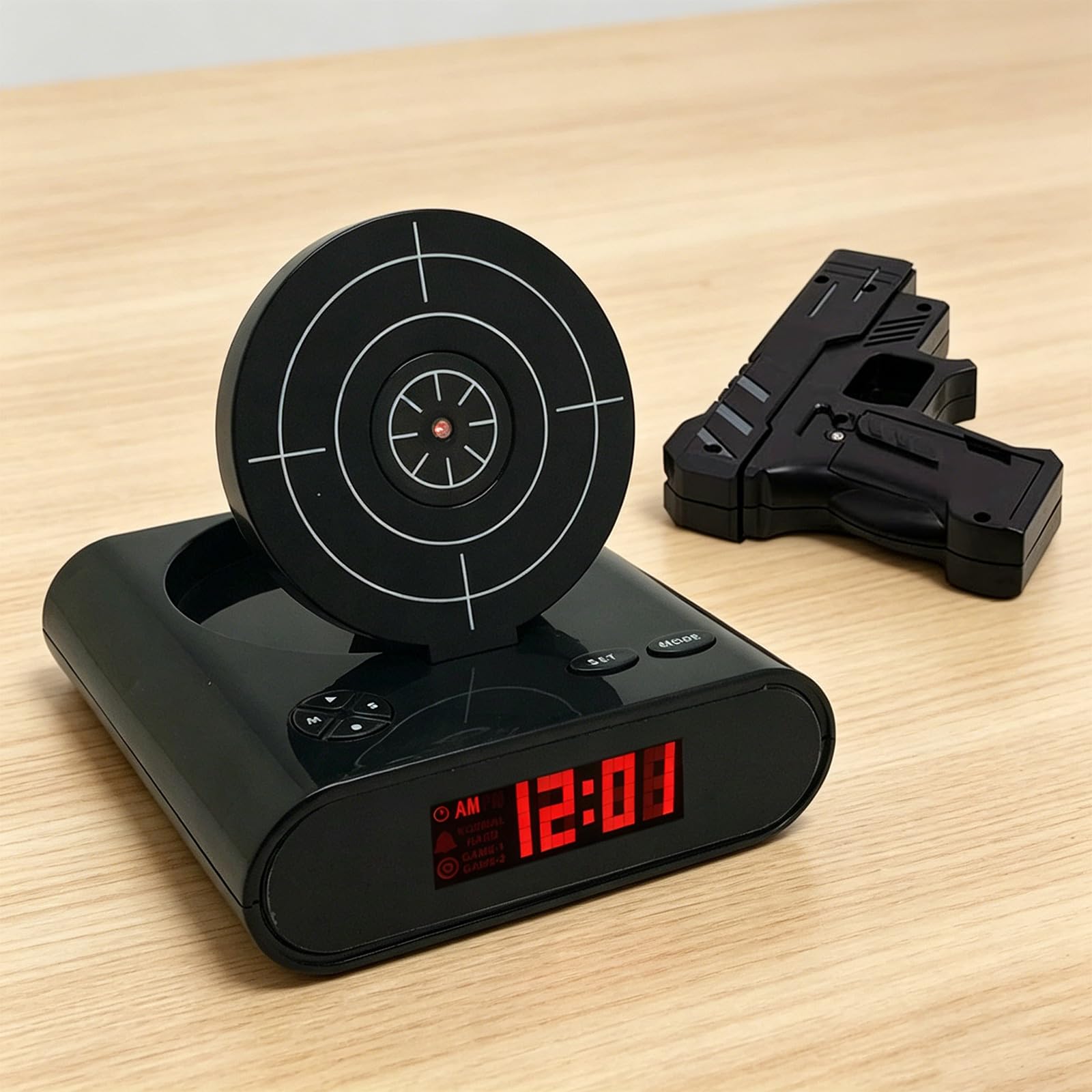 Reloj despertador con pistola y pantalla LED, reloj despertador personalizado, personalización de tonos de llamada, 2 modos de alarma para personas que duermen con mucha fuerza, novedad para niños y