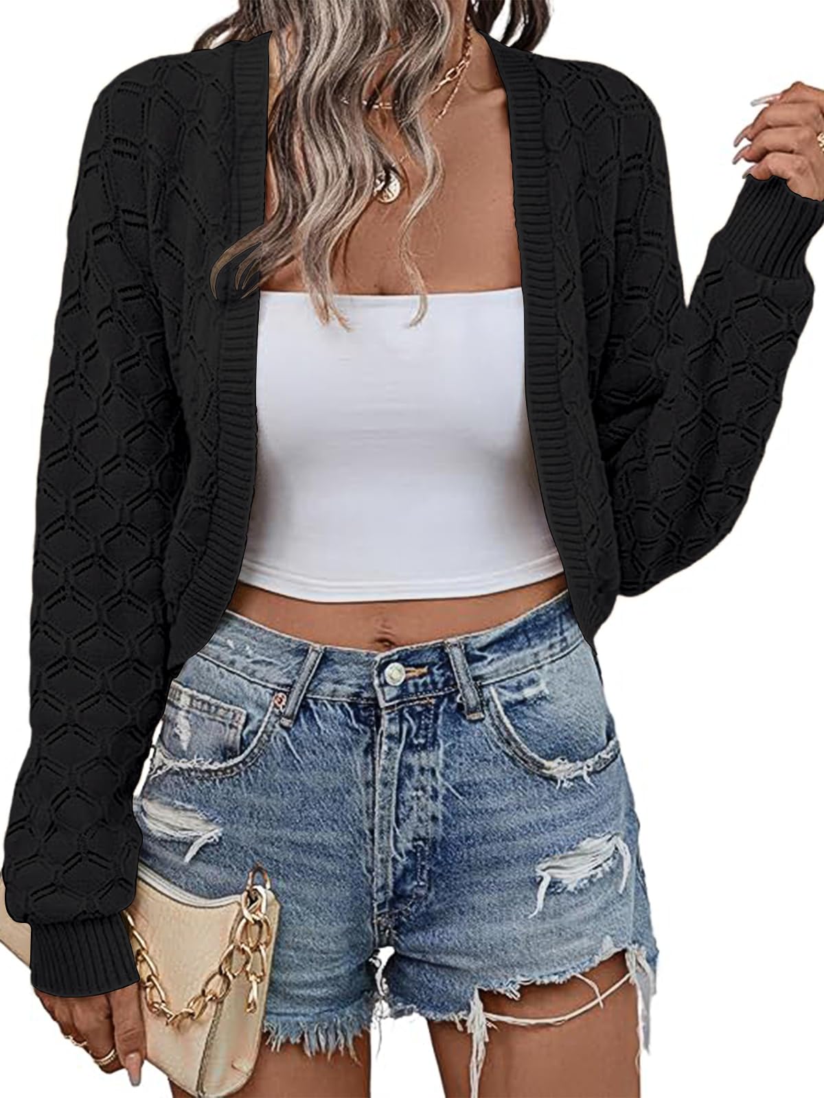 Womens Long Sleeve Open Front Knit Cropped Cardigan Sweaters Casual Bolero Shrugs Sweater Coats