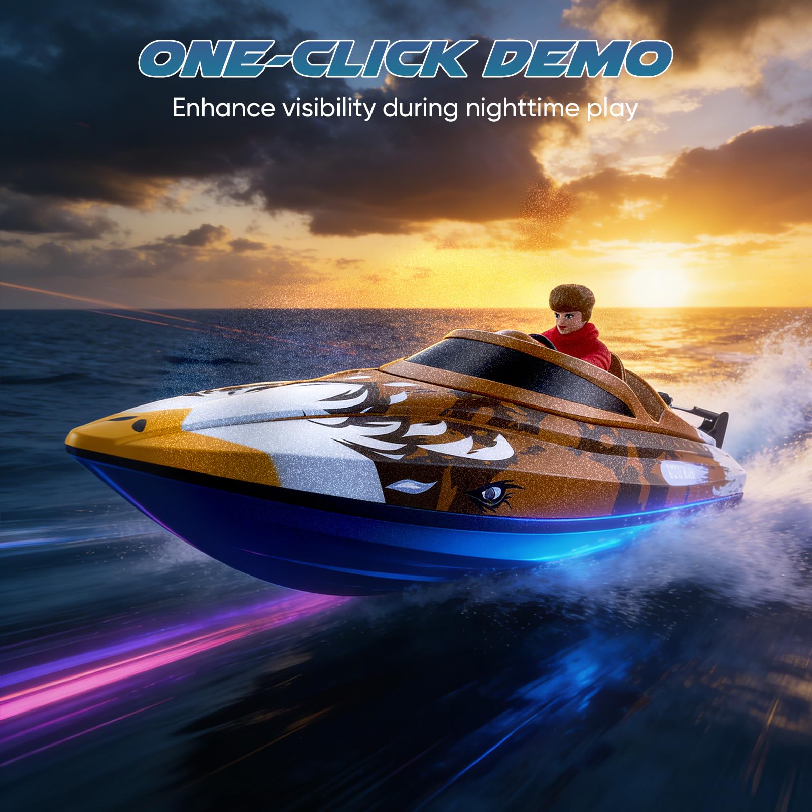 Barco teledirigido con iluminación LED, barco RC, 35 km/h, autoalineable, 2 baterías, control remoto de 2,4 GHz, impermeable y a prueba de vuelco, para niños y adultos, piscina y lago