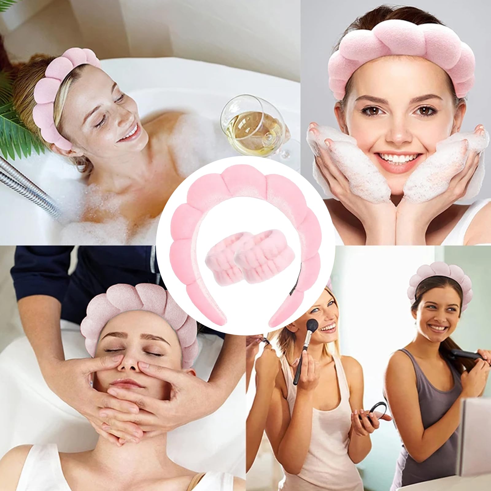 WSYUB Fascia E Bracciali In Microfibra Per La Cura Del Viso - Set Rosa Con Fiocco Rimovibile