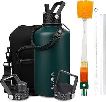 Insulated Water Bottle 87oz,Triple Wall Vacuum Stainless SteelDishwasher Safe,Leak Proof & Non-BPA,Flask Jug with Paracord Handle & Straw Spout Lids Sports Green