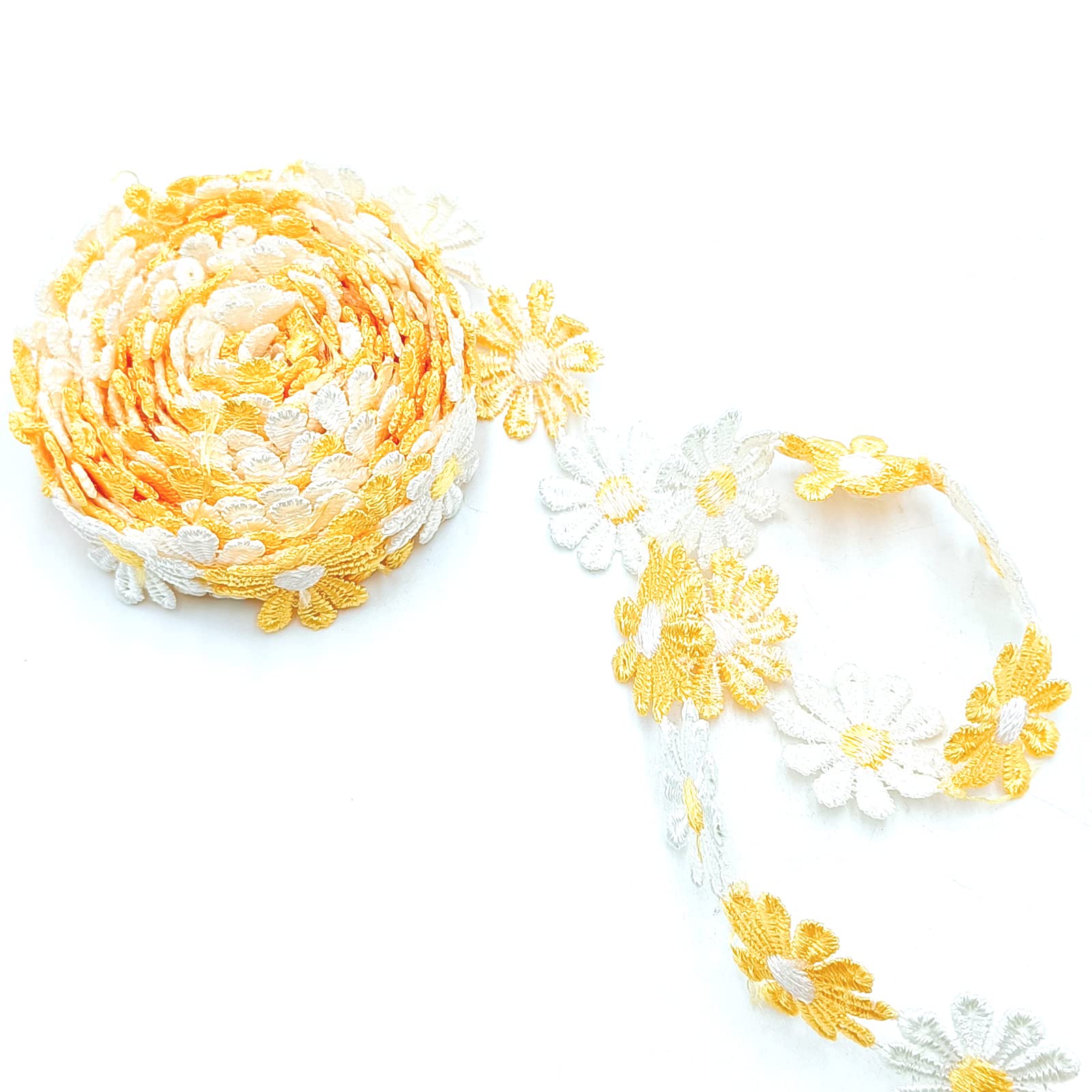 YOOGCORETT 3 Yards Colorful Daisy Decorating Flower Lace Sun Flower Ribbon Wedding Embroidered Trim Vintage Lace Ribbon, for DIY Craft Handmade Make Sewing Supplies 25mm/ 1"Inch Wide (Yellow White)