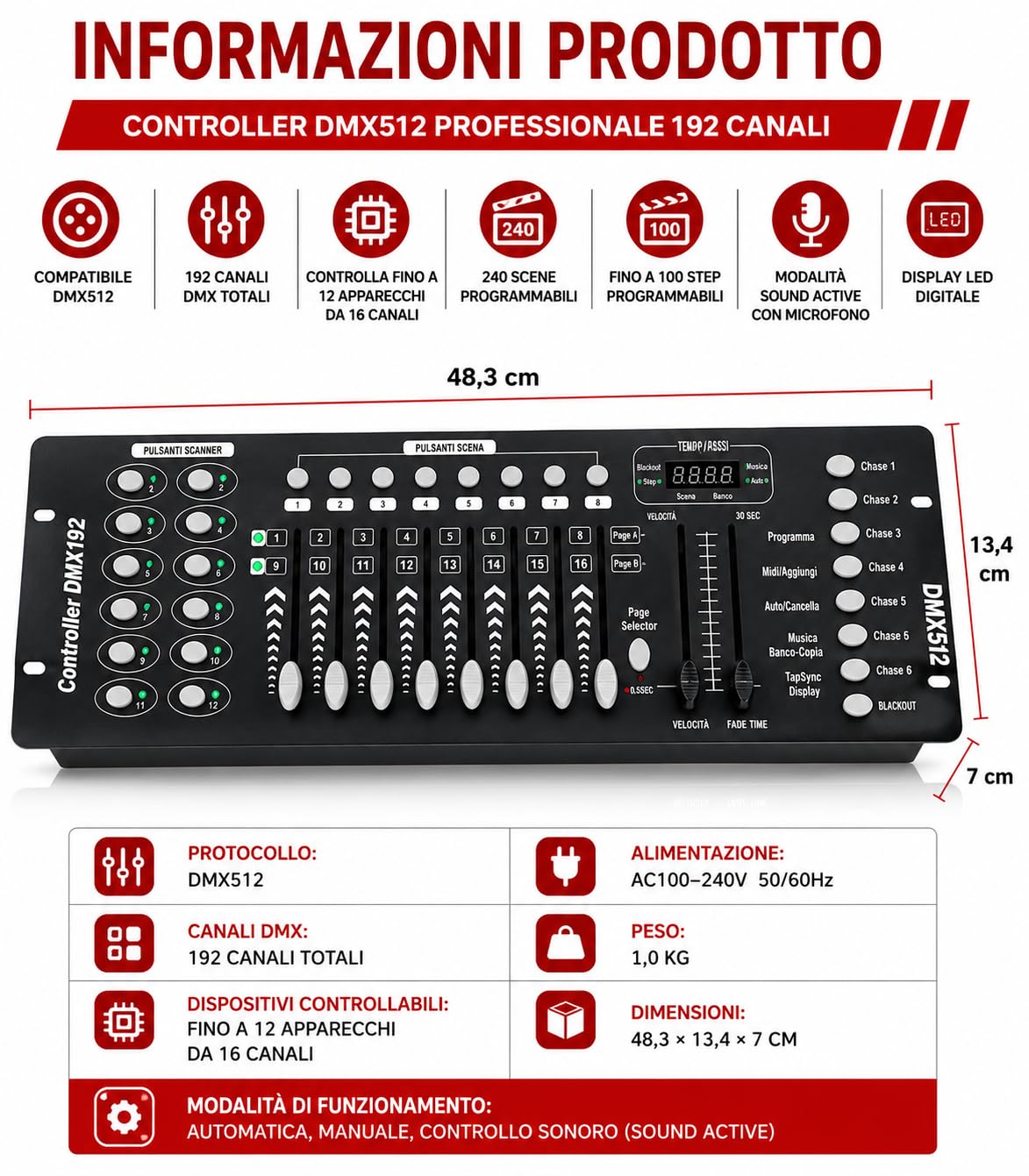 NLIGHTING Centralina DMX512 192 Canali Professionale, Controller Luci DJ per Teste Mobili, Beam, PAR LED e Faretti DMX, Console Mixer Luci con 240 Scene Programmabili, Sound Active e MIDI
