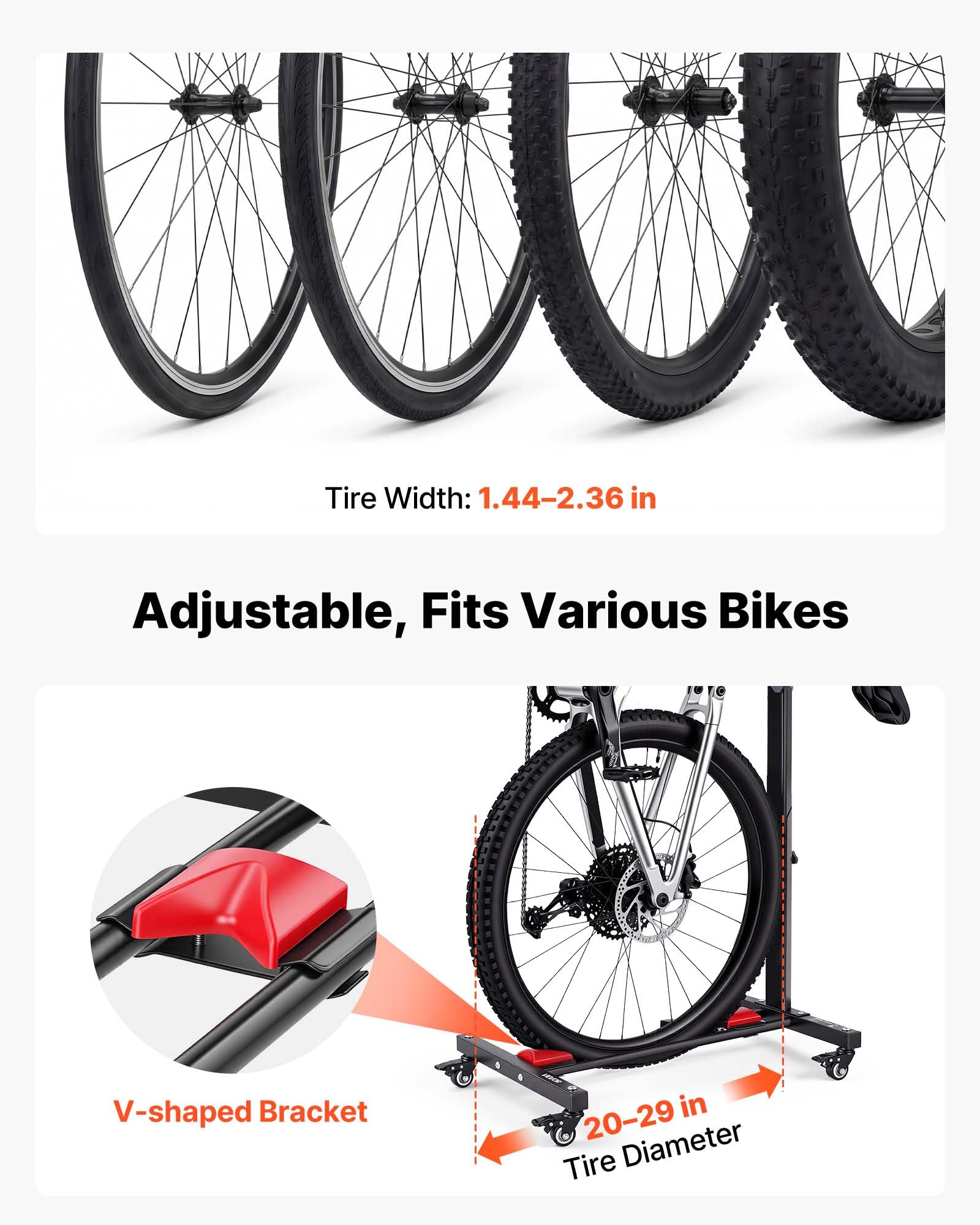 VEVOR Soporte para Bicicleta de Acero con Ruedas 360°, Altura Ajustable, Portabicicletas Independiente con Bloqueo, Uso Vertical y Horizontal para Ruedas de 20 a 29 Pulgadas (508 a 737 mm), Juego de 2
