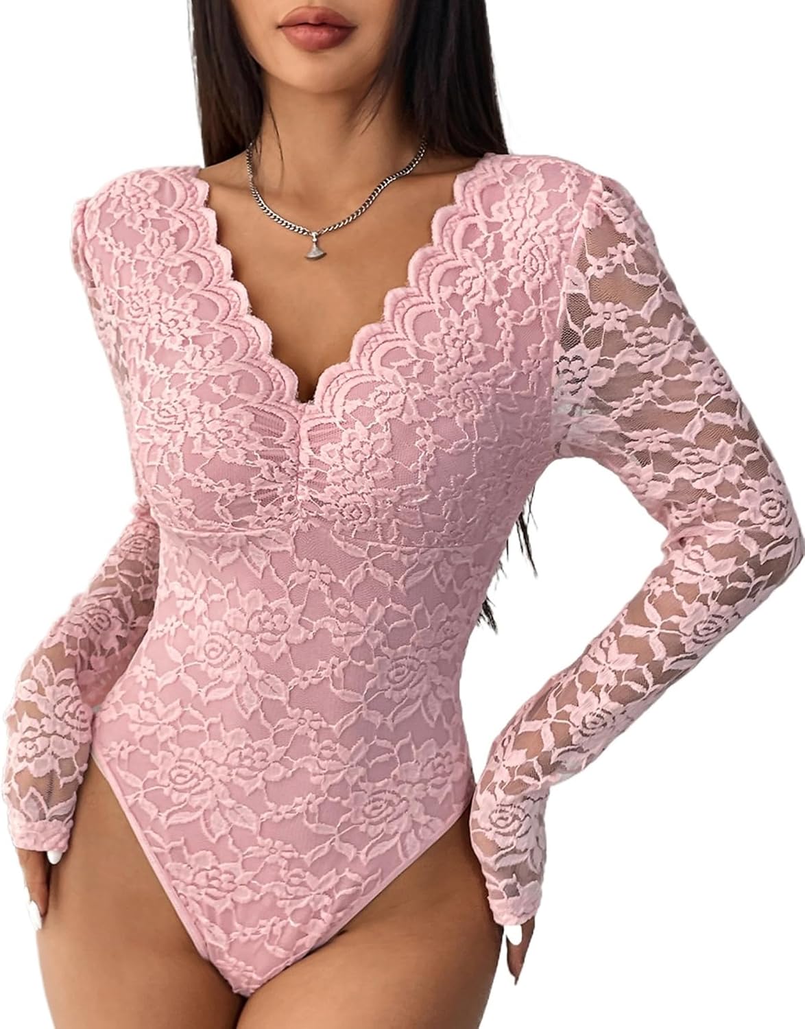 Women’s Long Sleeve Lace Bodysuit Sheer V-Back Sexy V Neck Slim Fit Going Out Top Double Lined Thong Body Suit