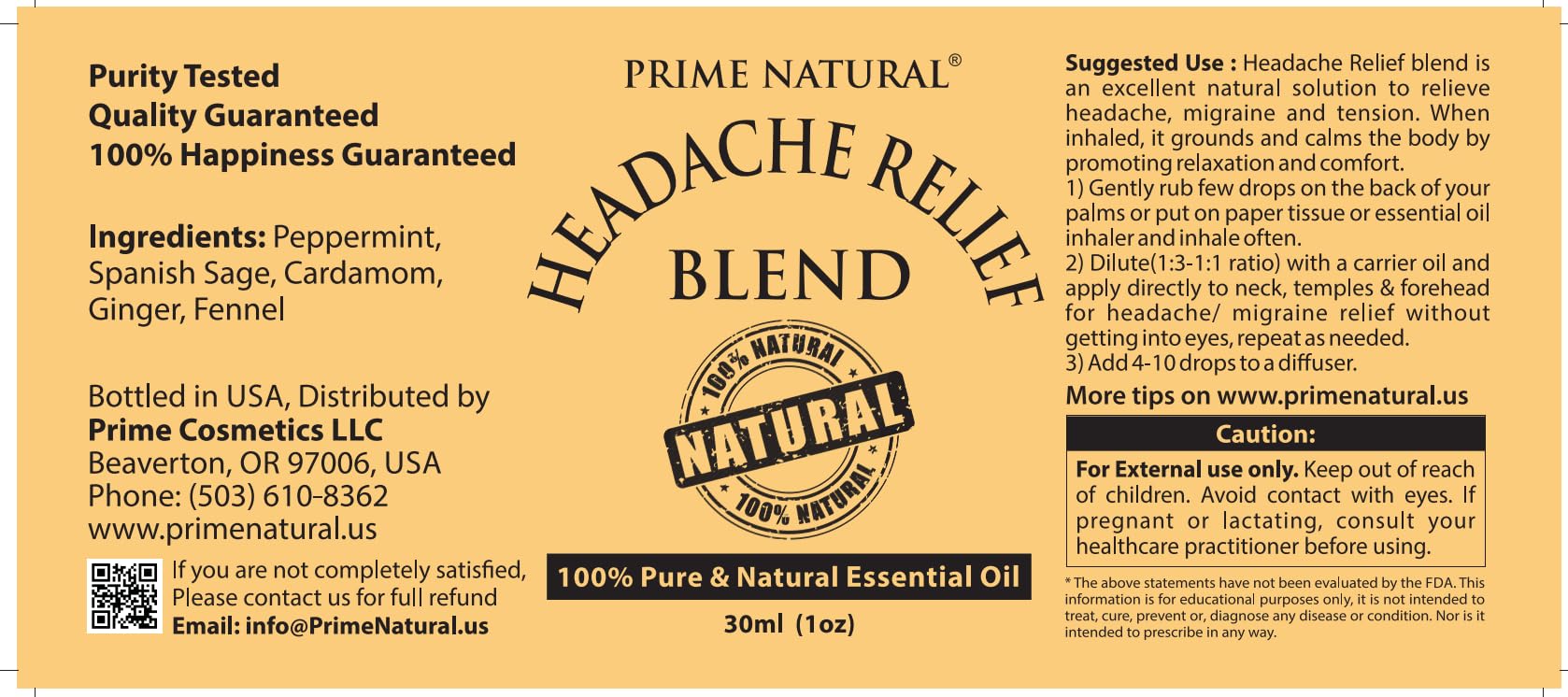 Prime Natural Headache Relief Essential Oil Blend 30ml / 1oz - Natural Pure Undiluted Therapeutic Grade for Aromatherapy, Scents & Diffuser - Tension, Relaxation