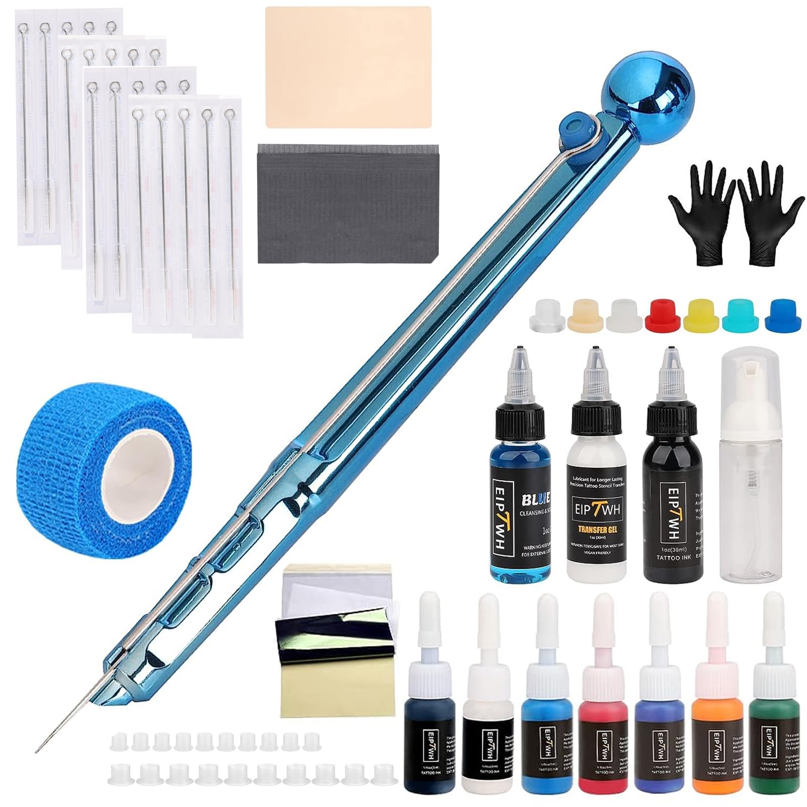 Hand Poke Stick Tattoo Kit for Beginners,20pcs Needles 7 Colors Tattoo Ink DIY Tattoo Tools Kit with Ink Transfer Cream and Blue Soap Tattoo Supplies