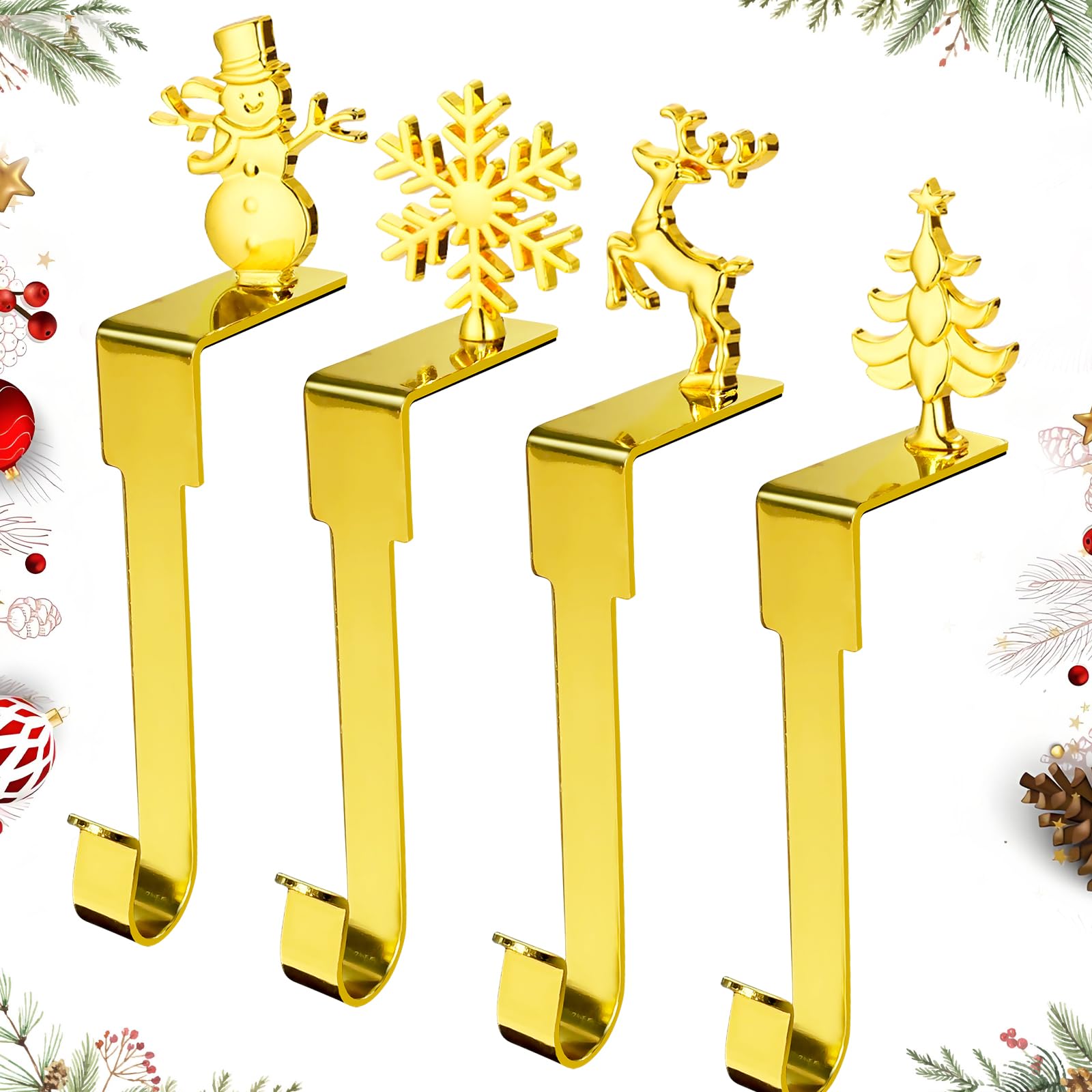 Juego de 4 soportes para calcetines de Navidad para chimenea, ganchos de metal dorado para calcetines de Navidad para chimenea, ganchos para calcetines de Navidad familiares