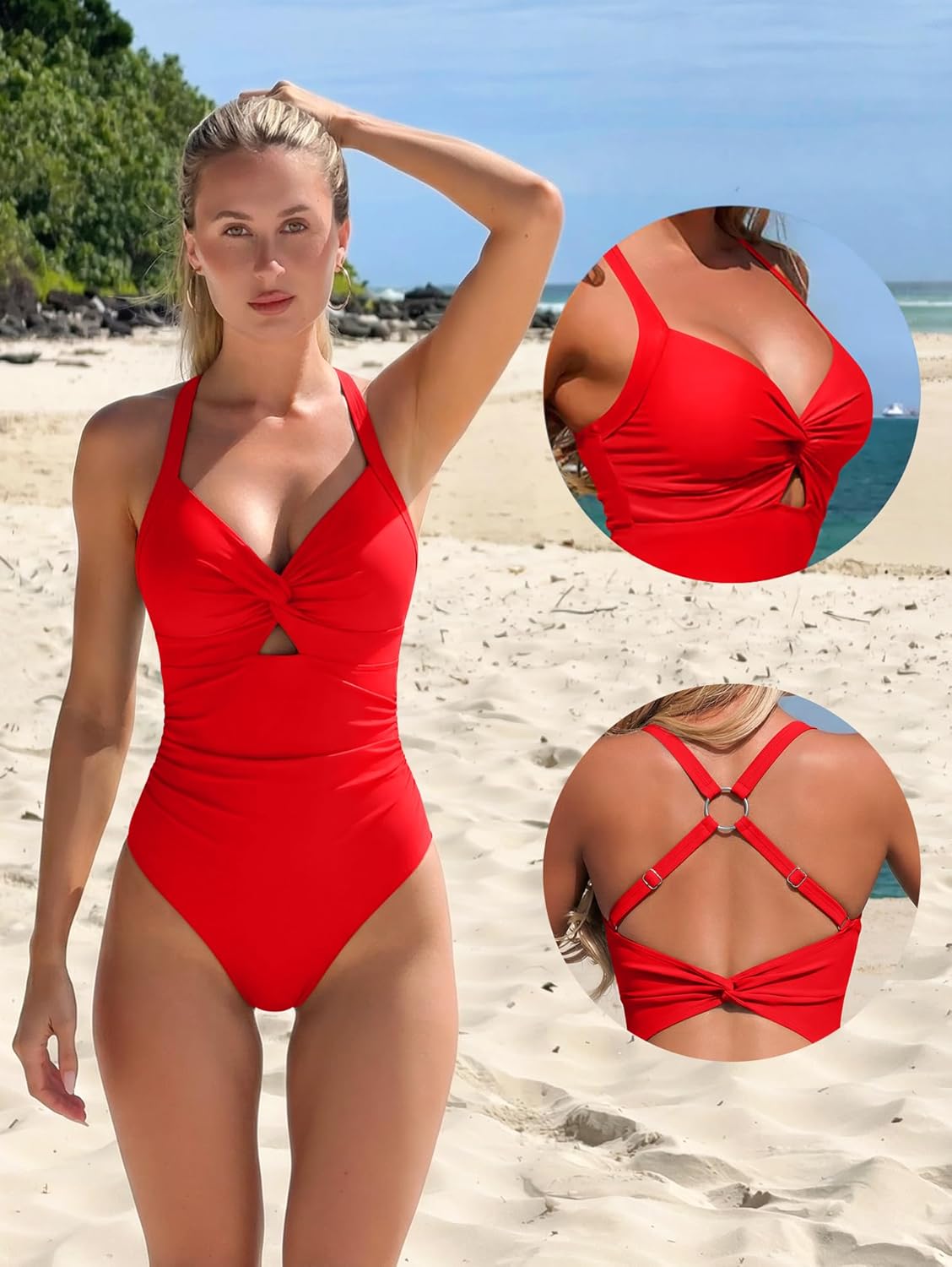 OQQ Women’s One Piece Swimsuit Tummy Control V Neck Twist Front Bathing Suit Cutout Full Coverage Slimming Swimwear - Image 5