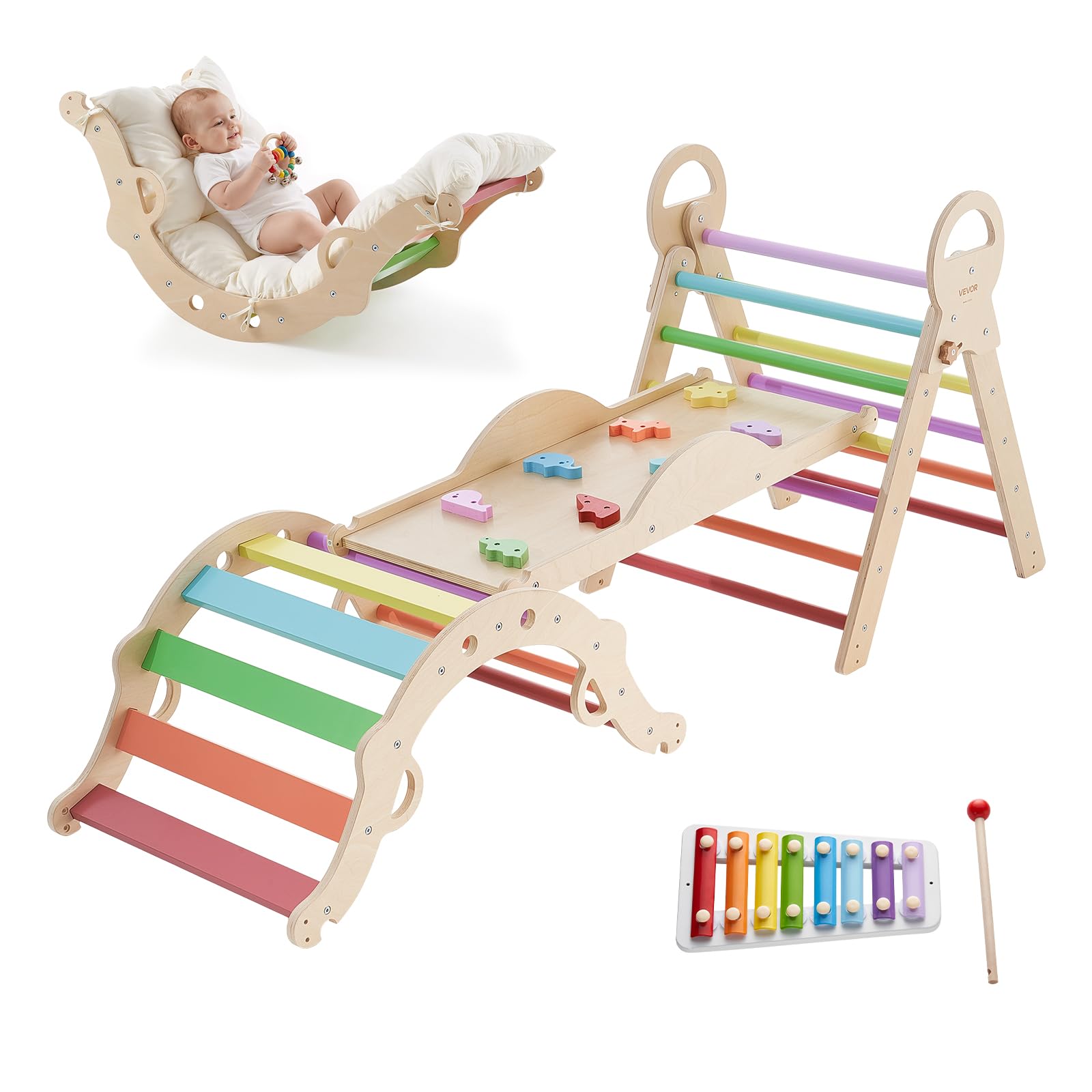 VEVOR Set Triangolo Pikler Struttura Arrampicata 9 in 1 per Bambini Piccoli, Portata 68 kg uso Interno, con Xilofono Cuscino Triangolo Arco e Rampa, Set Montessori Pieghevole per Crescita Equilibrio