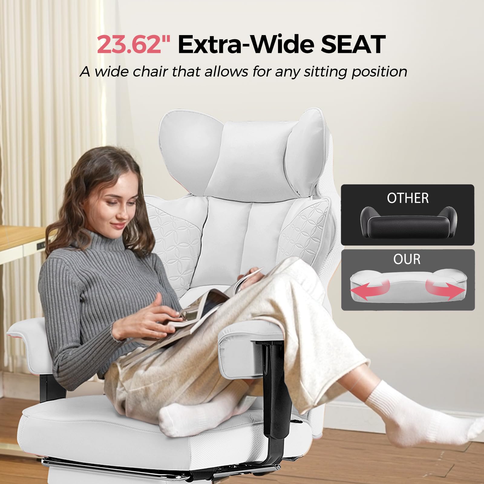 GTPLAYER Big and Tall Gaming Chair 400lbs Heavy Duty Office Chair with Foot Rest & Ergonomic Pocket Spring Lumbar Support, High Back 3D Saddle Shaped Cushion for Back Pain Relief, White view 6