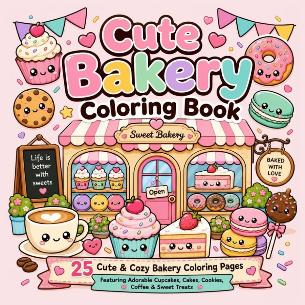 Cute Bakery Coloring Book: 25 Cute & Cozy Bakery Coloring Pages Featuring Cupcakes, Cakes, Cookies, Coffee & Sweet Treats