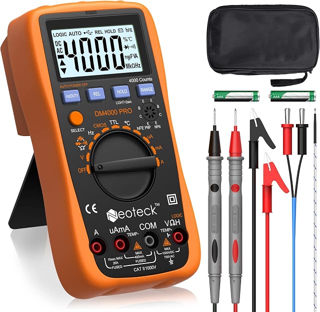 Neoteck Multimeter 4000 Counts Auto Manual Ranging Digital Multimeter AC/DC Voltage Current Resistance Capacitance Frequency Temperature Multi Testers Voltmeter Ammeter Ohmmeter with Backlit LCD