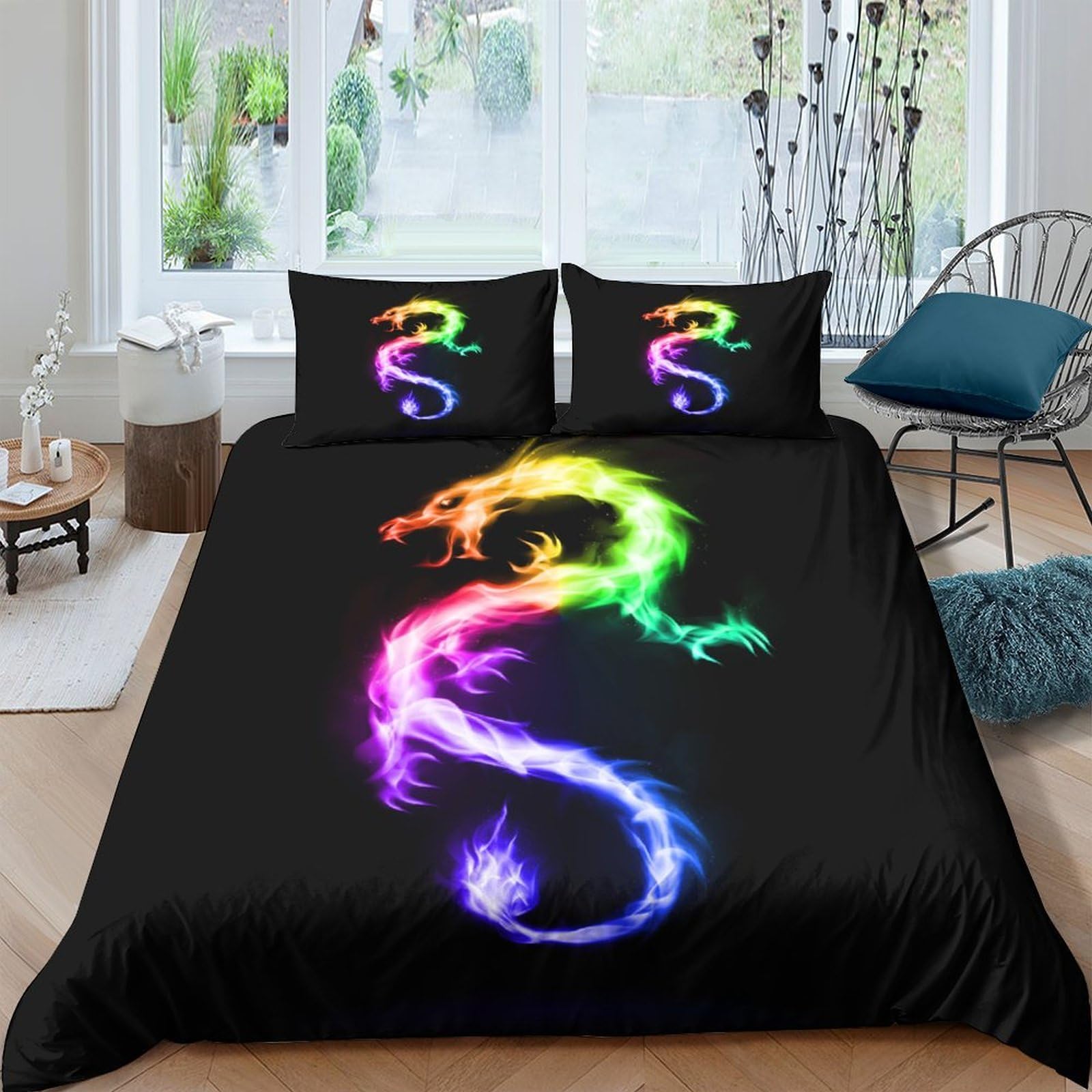 Ctjqhvkz Style-4 3D Printed Rainbow Dragon Fitted Sheet Microfiber Soft Non-Slip Black Bed Cover For Bedroom Dorm Mattress Protection Decor Single（135X200cm）