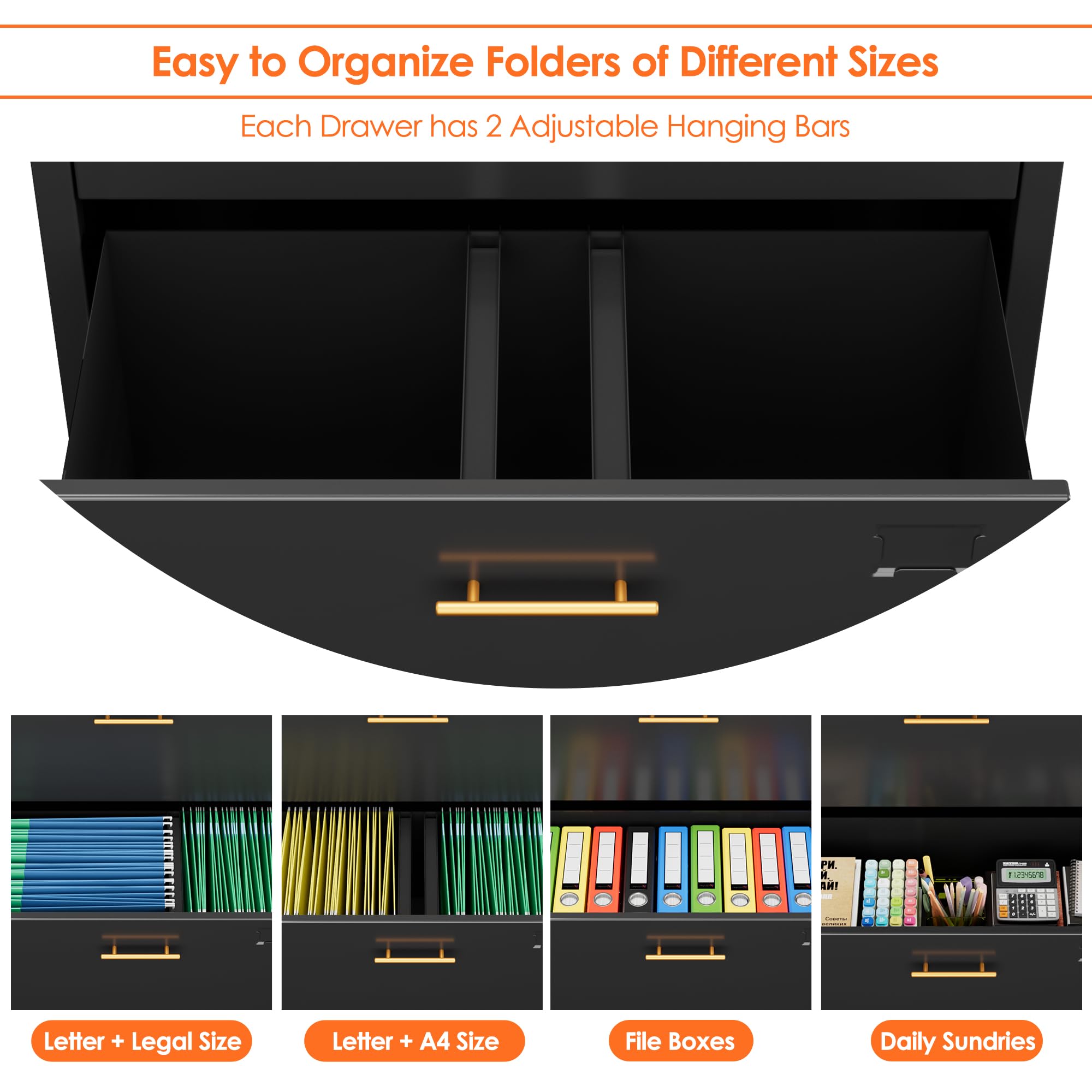 Aobabo Metal Storage Filing Cabinet mit 3 Schubladen, Metall -Büro -Aktenschrank mit abschließbaren Türen und Schubladen für Home Office, Hangdateien Brief/Rechtsgröße, Schwarz, Schwarz